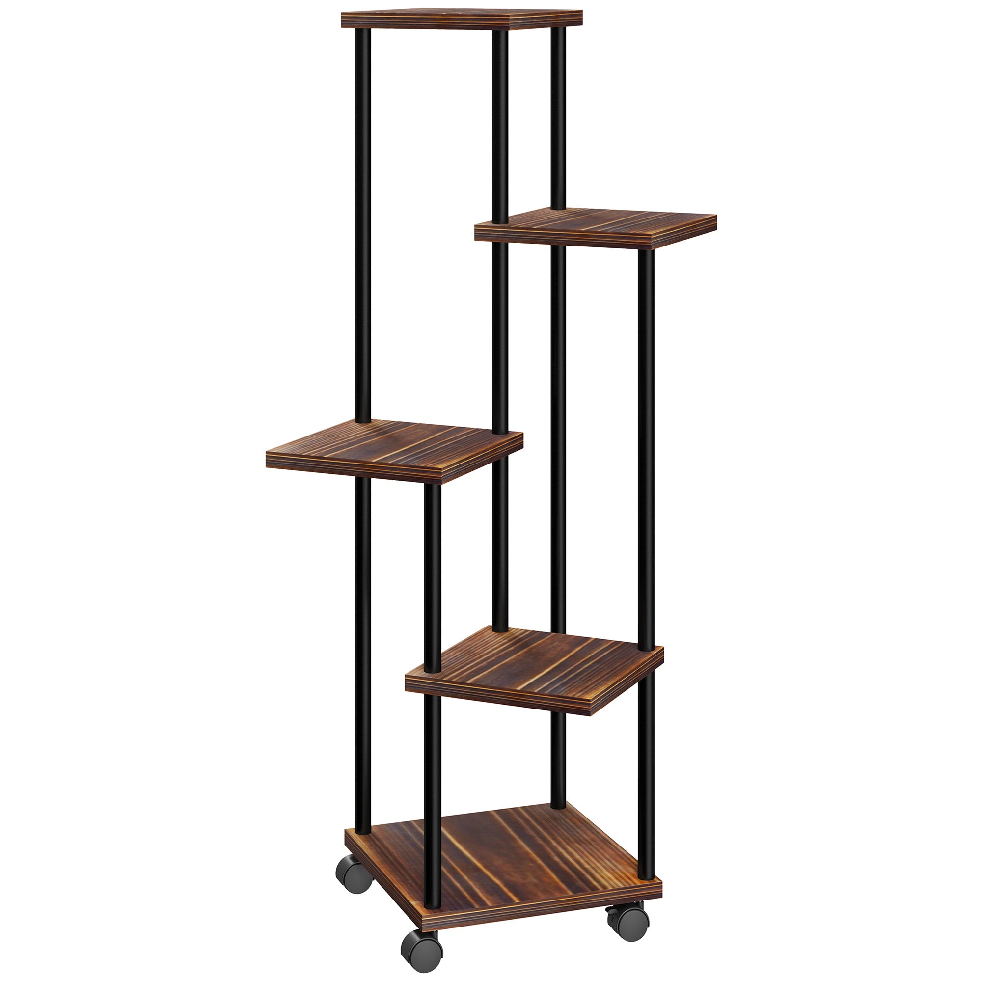 5-Tier Plant Stand with Wheels, Flower Stand for Indoor Outdoor, Plant Shelf made of Steel, Wood, multi-tier Flower Rack, 110cm tall Flower Ladder for Living Room, Garden Balcony Decor, Charcoal