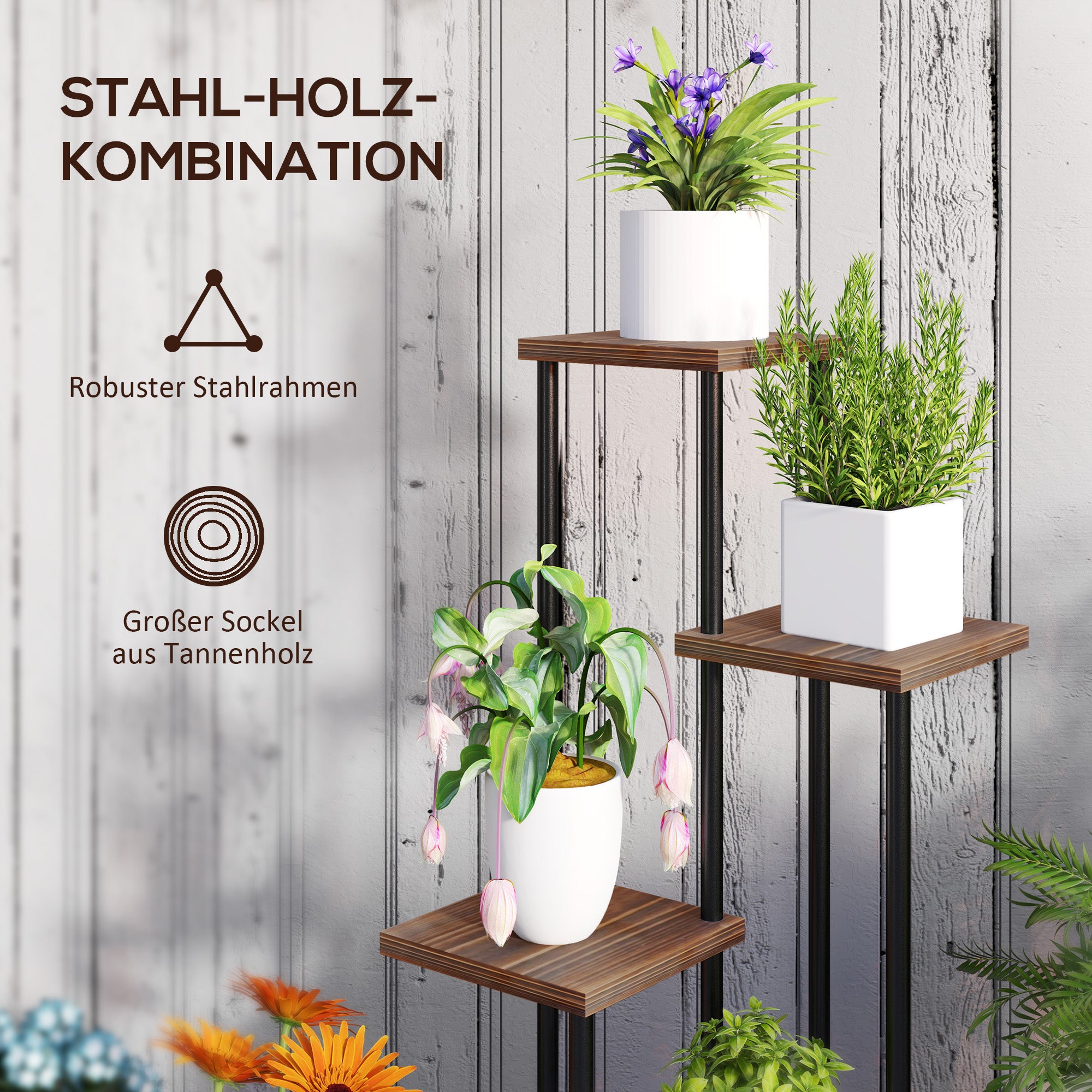 5-Tier Plant Stand with Wheels, Flower Stand for Indoor Outdoor, Plant Shelf made of Steel, Wood, multi-tier Flower Rack, 110cm tall Flower Ladder for Living Room, Garden Balcony Decor, Charcoal