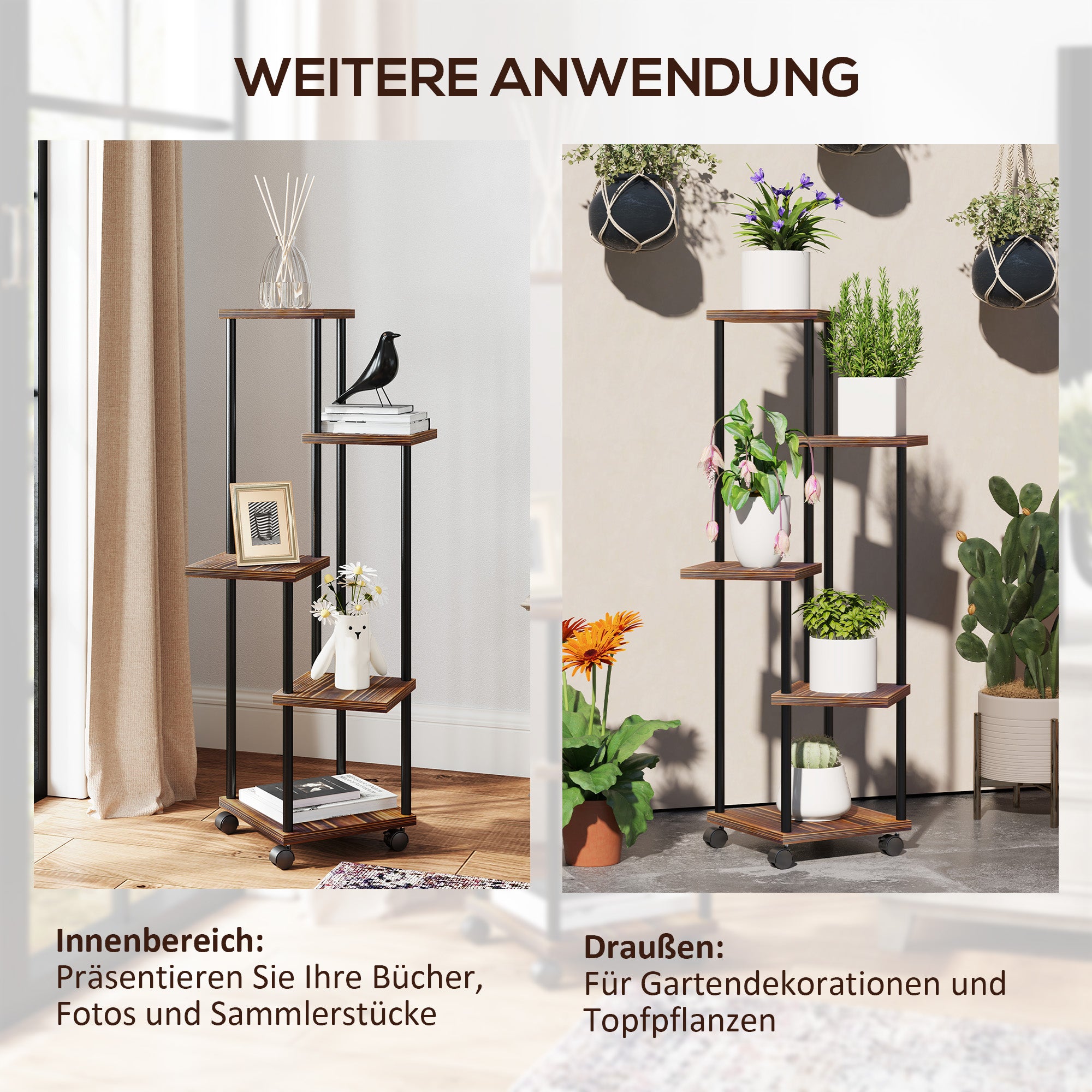 5-Tier Plant Stand with Wheels, Flower Stand for Indoor Outdoor, Plant Shelf made of Steel, Wood, multi-tier Flower Rack, 110cm tall Flower Ladder for Living Room, Garden Balcony Decor, Charcoal
