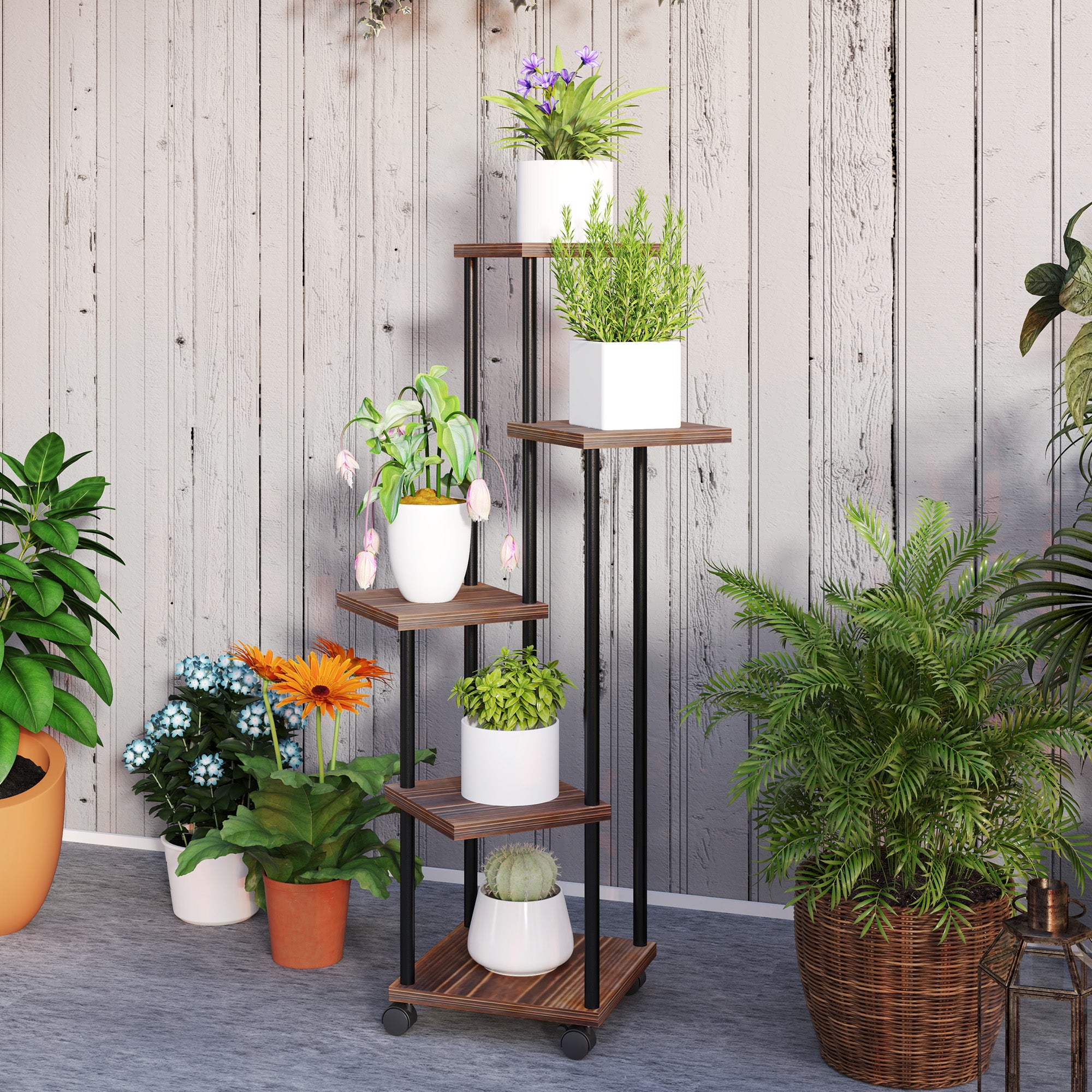 5-Tier Plant Stand with Wheels, Flower Stand for Indoor Outdoor, Plant Shelf made of Steel, Wood, multi-tier Flower Rack, 110cm tall Flower Ladder for Living Room, Garden Balcony Decor, Charcoal