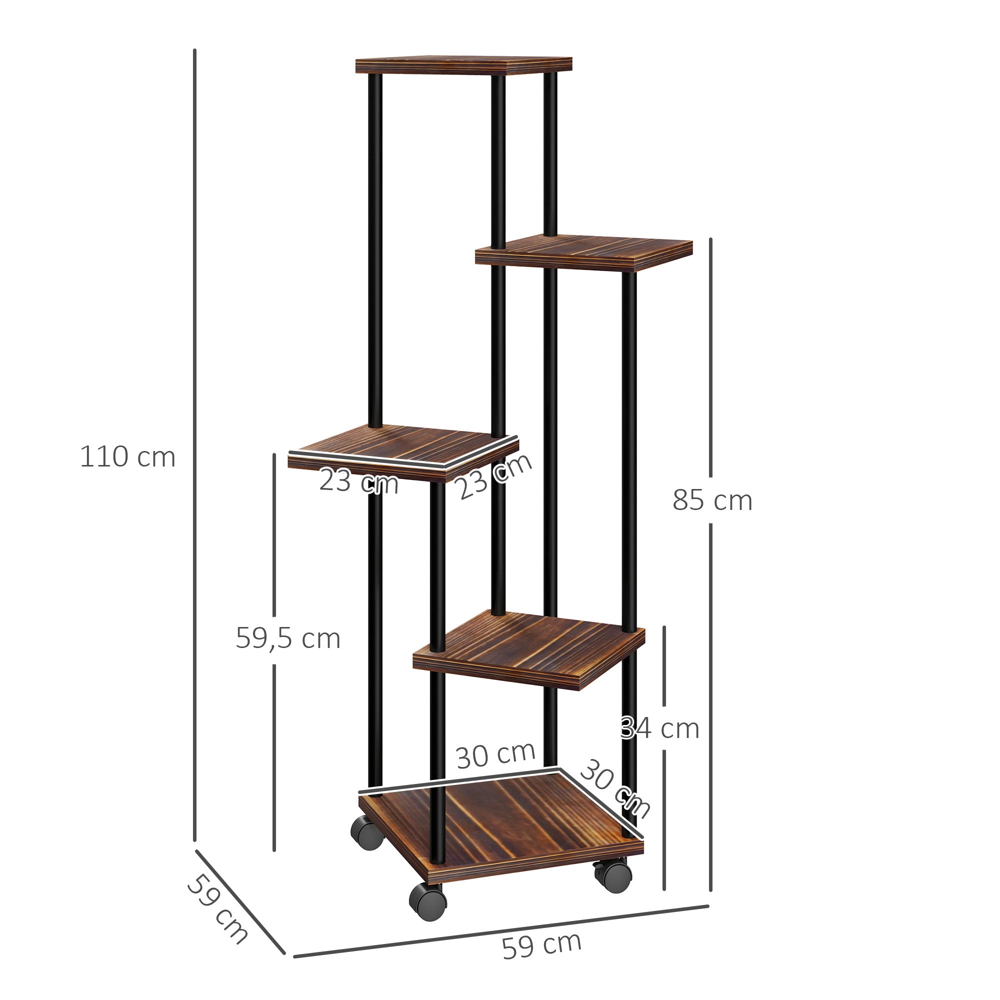 5-Tier Plant Stand with Wheels, Flower Stand for Indoor Outdoor, Plant Shelf made of Steel, Wood, multi-tier Flower Rack, 110cm tall Flower Ladder for Living Room, Garden Balcony Decor, Charcoal
