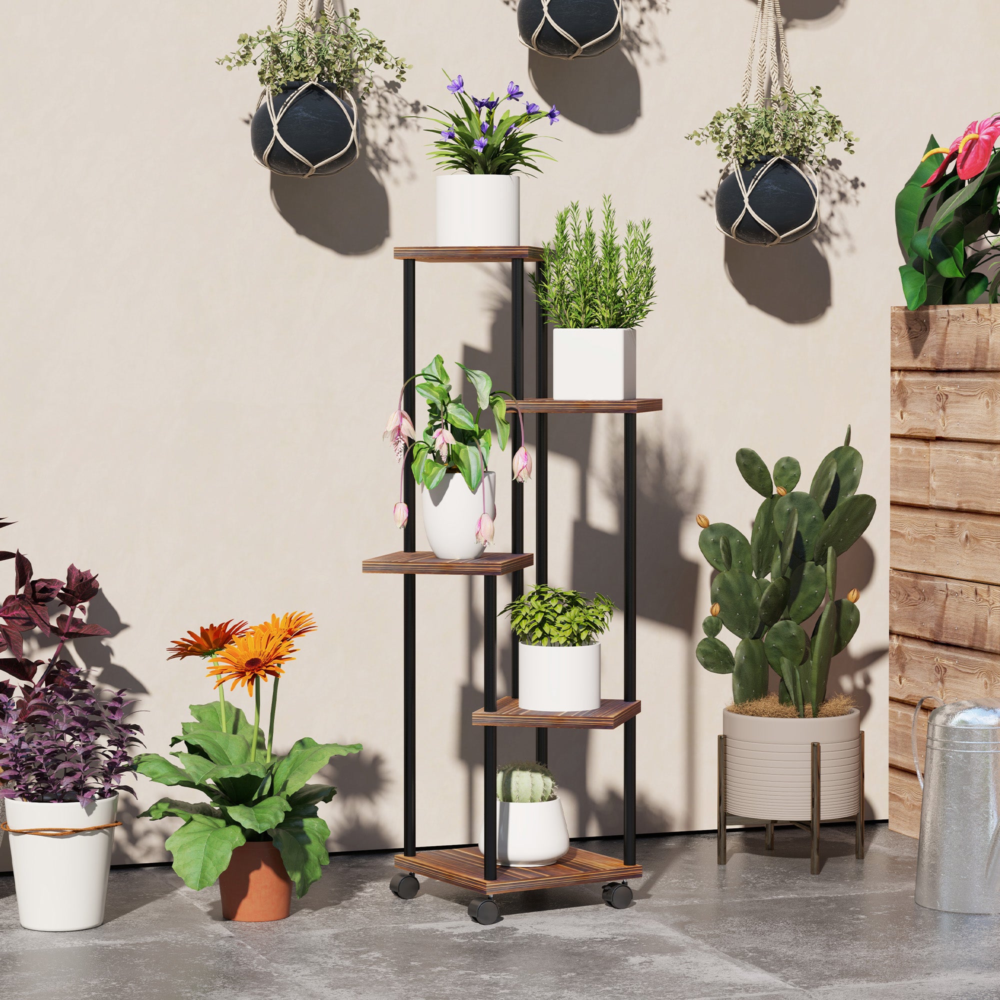 5-Tier Plant Stand with Wheels, Flower Stand for Indoor Outdoor, Plant Shelf made of Steel, Wood, multi-tier Flower Rack, 110cm tall Flower Ladder for Living Room, Garden Balcony Decor, Charcoal
