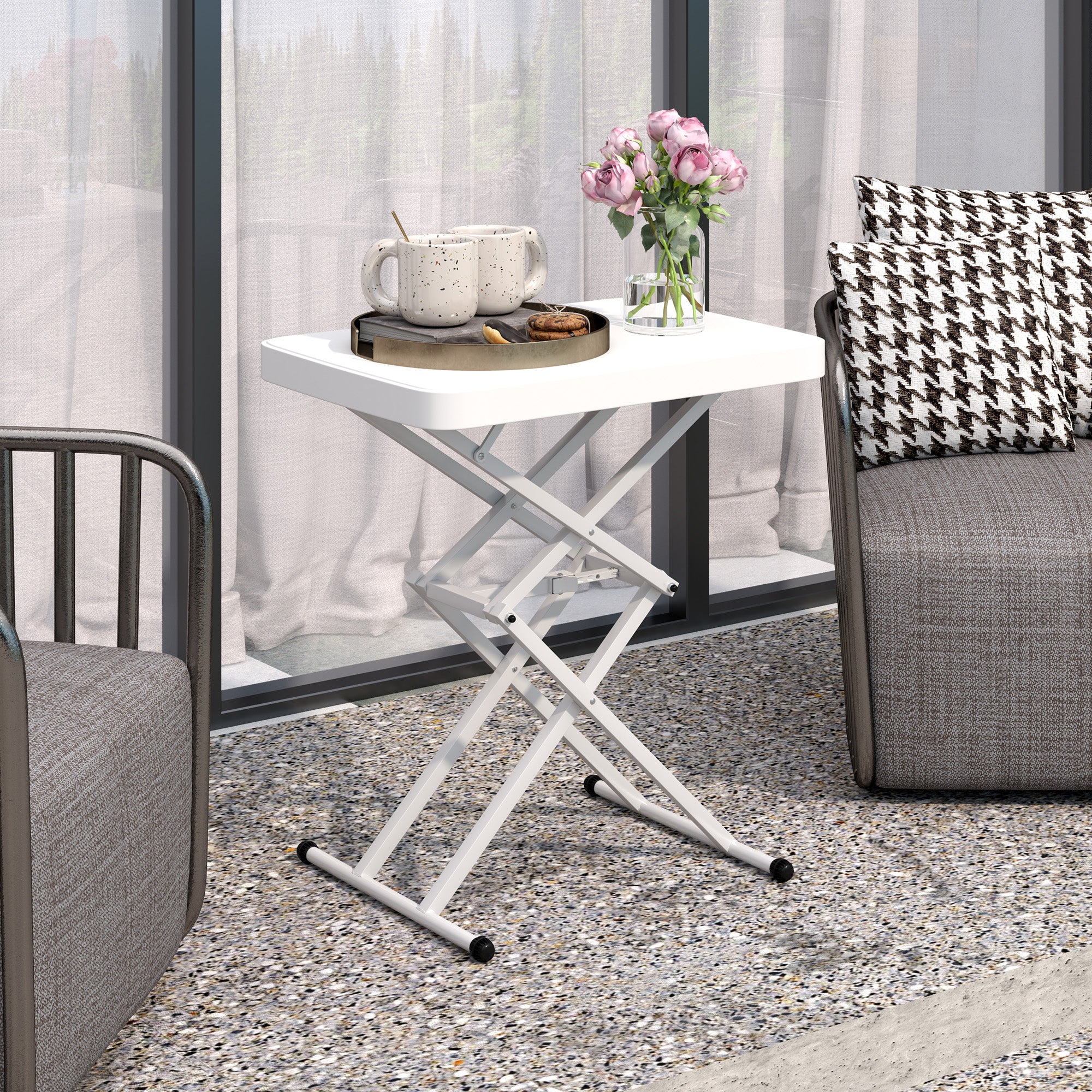 Height-Adjustable Folding Garden Side Table, Plastic Rectangular Patio Table 50kg Capacity, 65x45x70H cm Coffee Table for Outdoor Indoor Balcony Terrace White