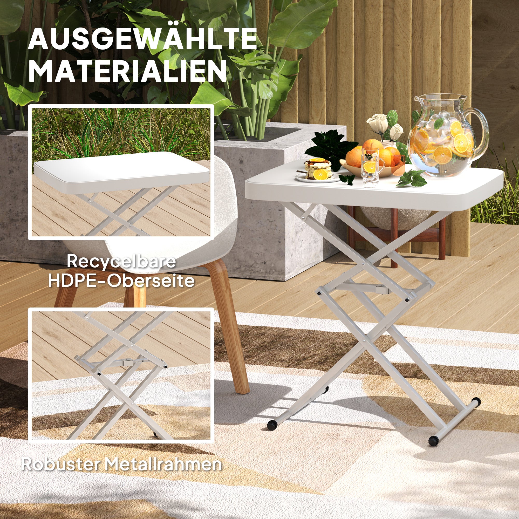 Height-Adjustable Folding Garden Side Table, Plastic Rectangular Patio Table 50kg Capacity, 65x45x70H cm Coffee Table for Outdoor Indoor Balcony Terrace White