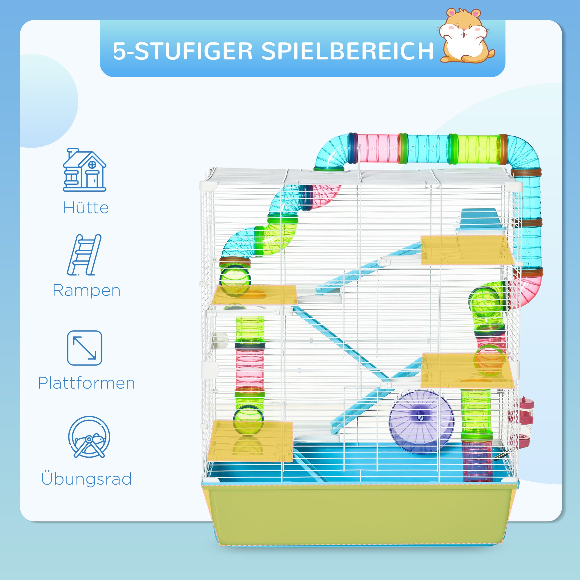 Small Pet Cage Small Animal Cage with Ramp and Wheel 5 Levels Cage Rodent Cage Small Pets Feeding Bowl Water Bottle Steel Wire Plastic PS Light Blue+White 59 x 36 x 69 cm