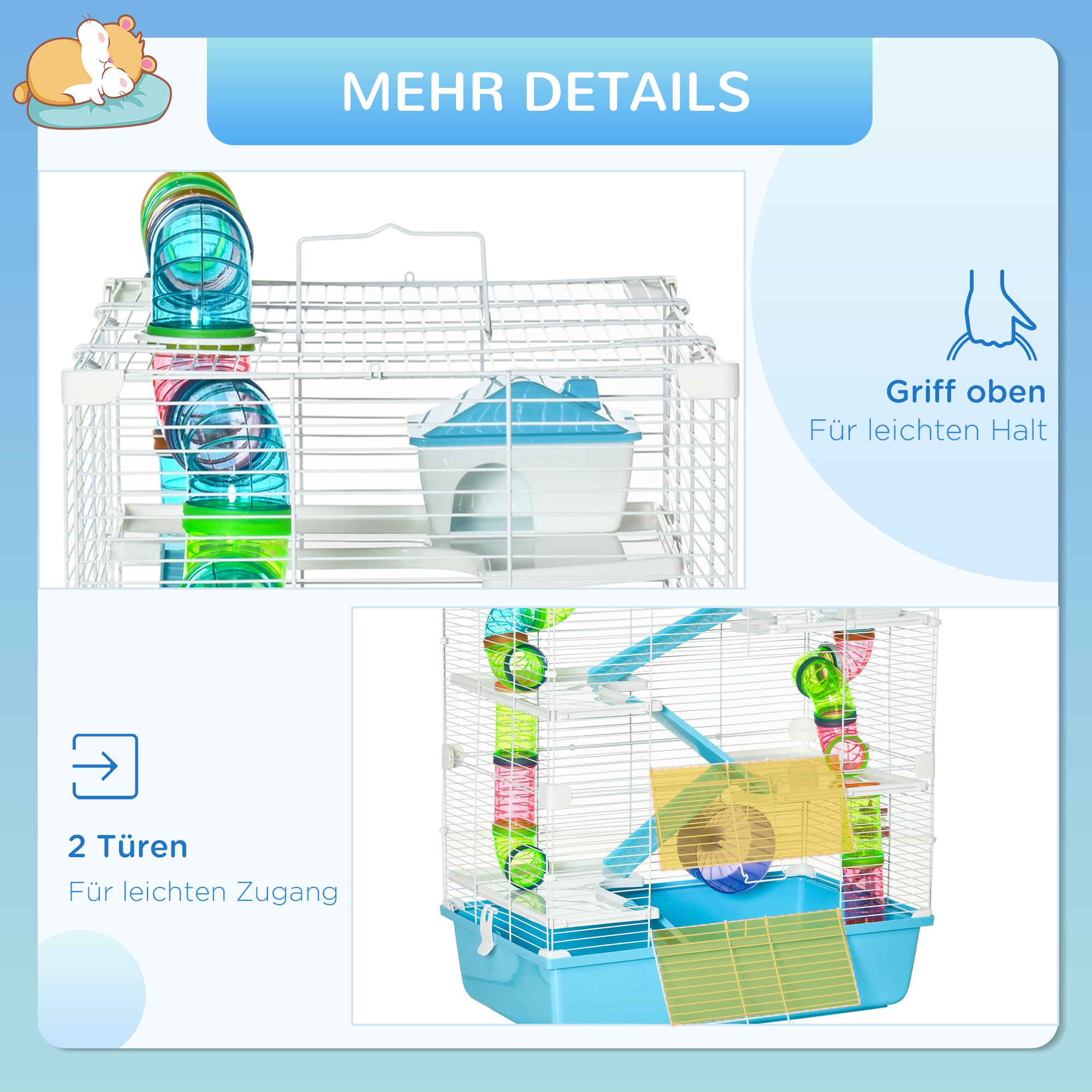 Small Pet Cage Small Animal Cage with Ramp and Wheel 5 Levels Cage Rodent Cage Small Pets Feeding Bowl Water Bottle Steel Wire Plastic PS Light Blue+White 59 x 36 x 69 cm