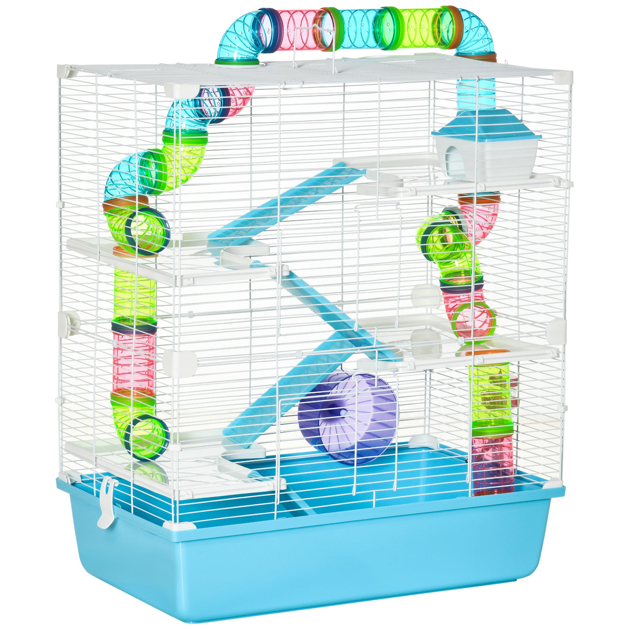 Small Pet Cage Small Animal Cage with Ramp and Wheel 5 Levels Cage Rodent Cage Small Pets Feeding Bowl Water Bottle Steel Wire Plastic PS Light Blue+White 59 x 36 x 69 cm