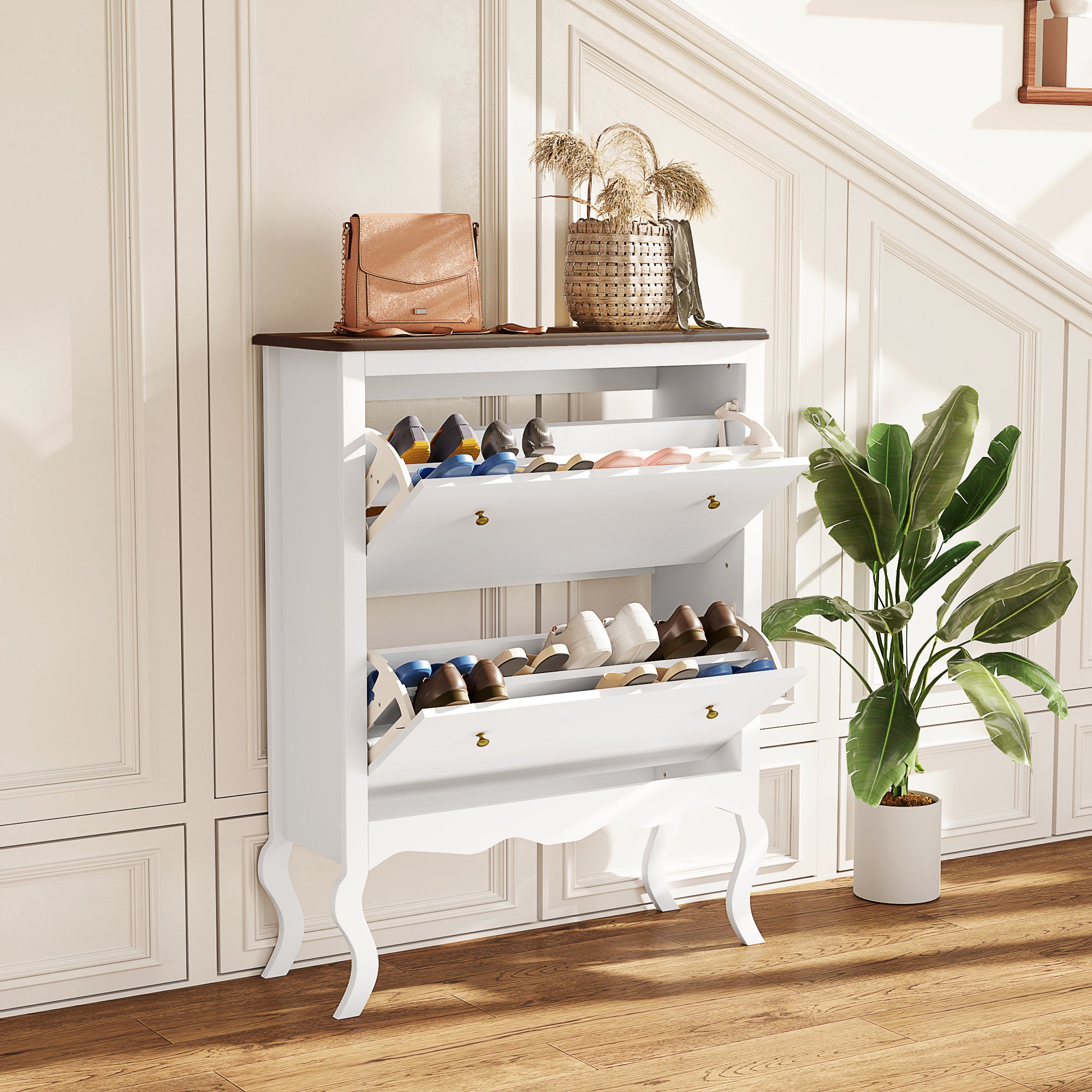 French Style Shoe Cabinet Shoe Storage Organizer with 2 Foldable Drawers Adjustable Shelves for 16 Pairs of Shoes Narrow Shoe Rack for Hallway 84x29x109 cm White