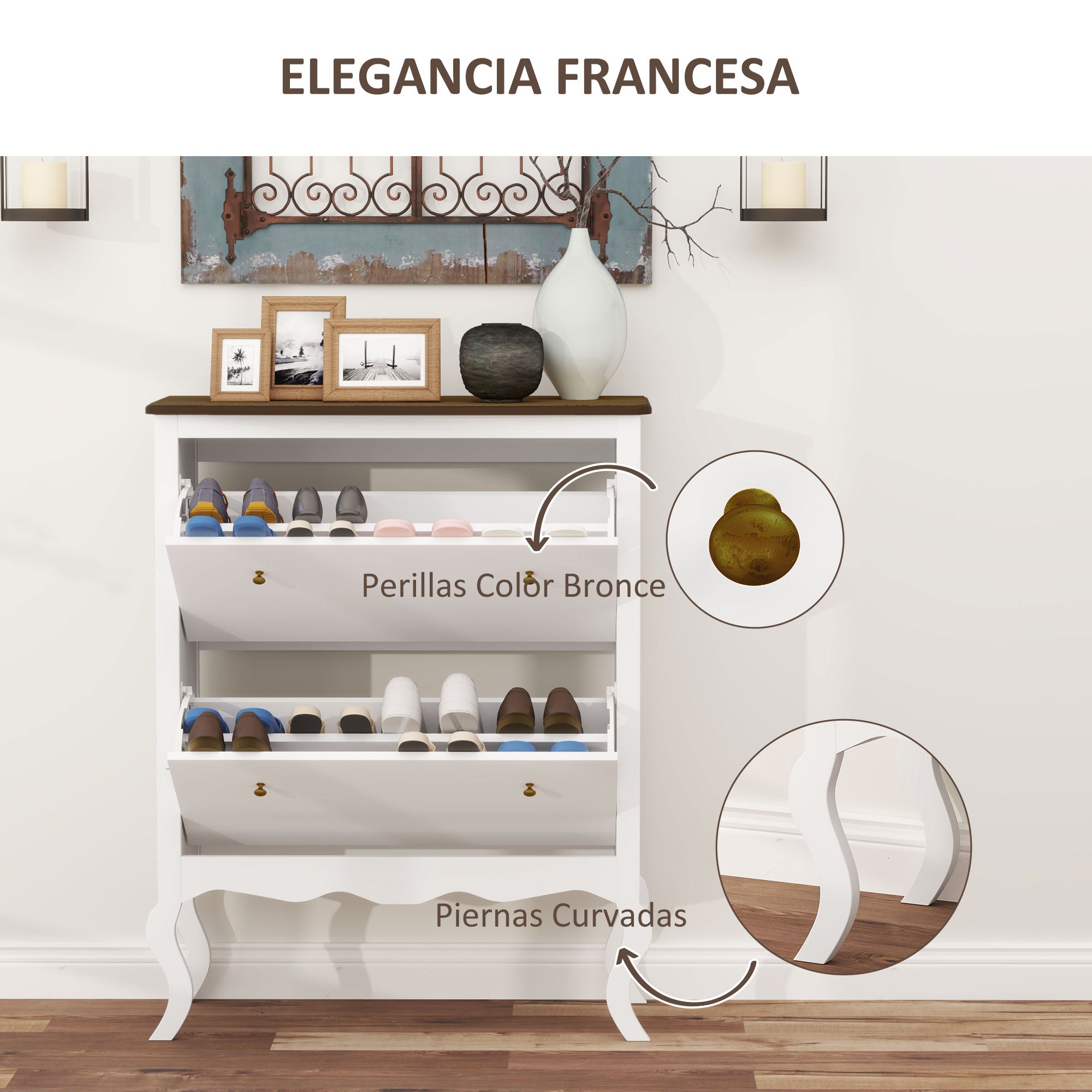 French Style Shoe Cabinet Shoe Storage Organizer with 2 Foldable Drawers Adjustable Shelves for 16 Pairs of Shoes Narrow Shoe Rack for Hallway 84x29x109 cm White