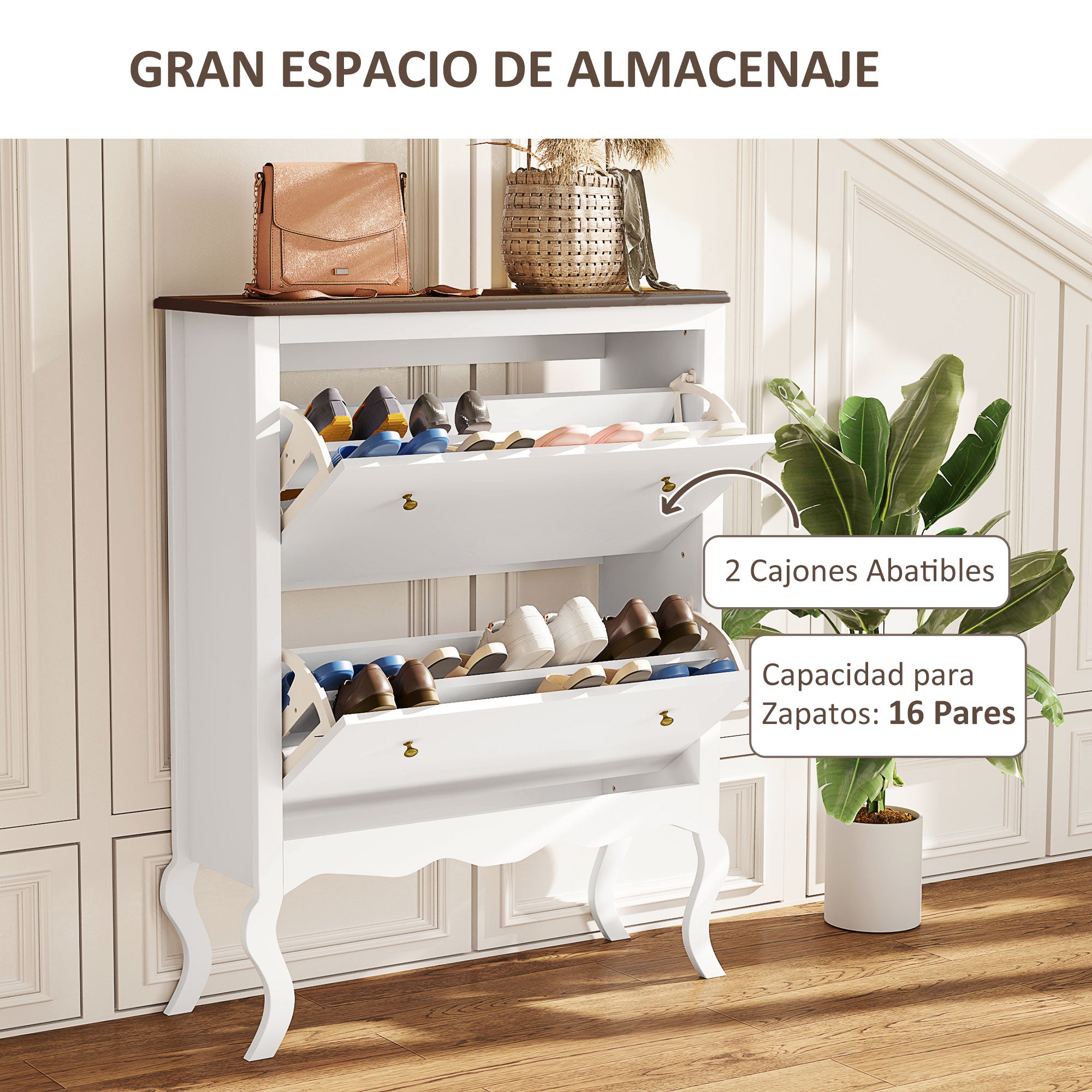 French Style Shoe Cabinet Shoe Storage Organizer with 2 Foldable Drawers Adjustable Shelves for 16 Pairs of Shoes Narrow Shoe Rack for Hallway 84x29x109 cm White