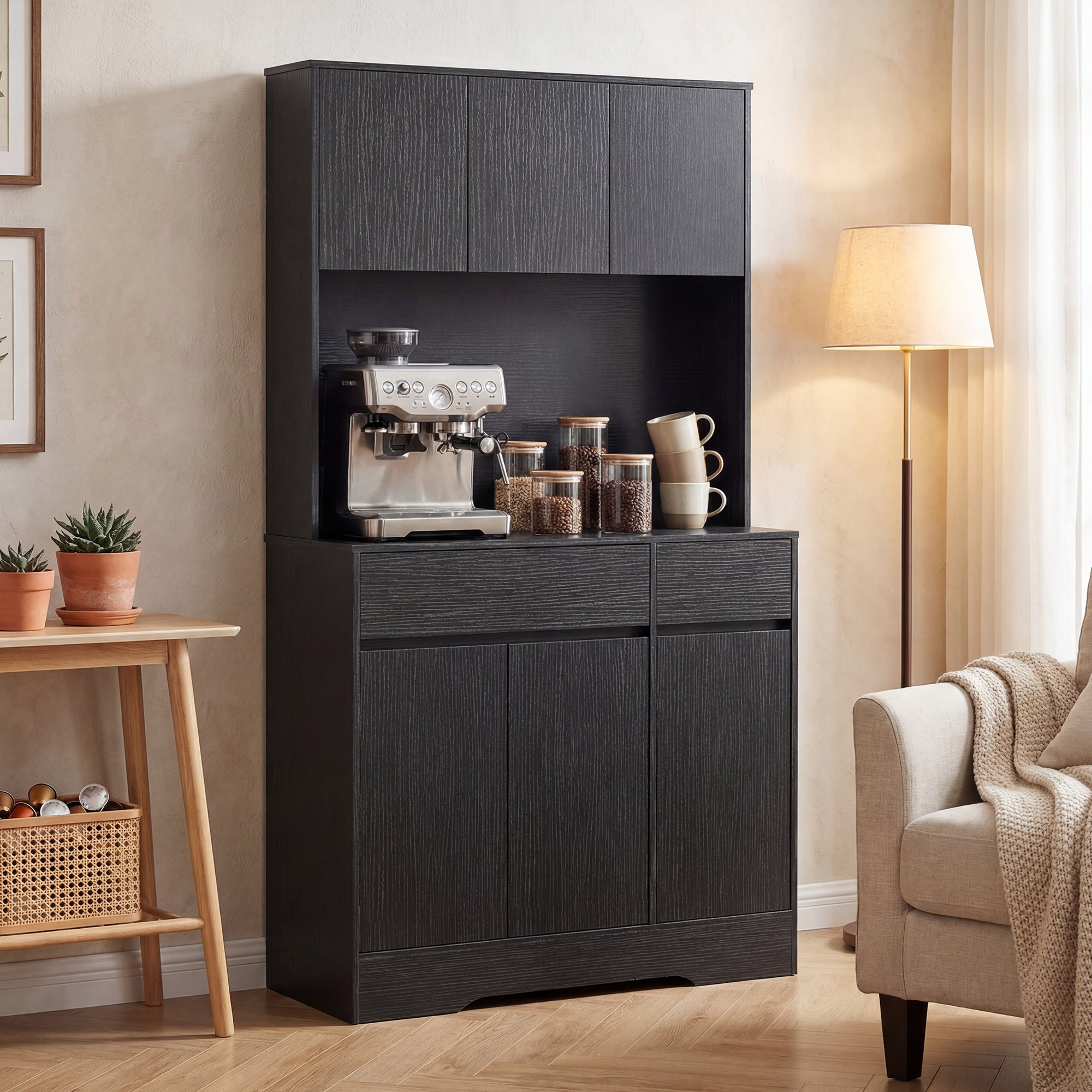 Kitchen Pantry Cabinet with Worktop, 6 Doors, Adjustable Shelves & Microwave Shelf, Cable Management — Black (39.4 x 15.0 x 70.9 in)