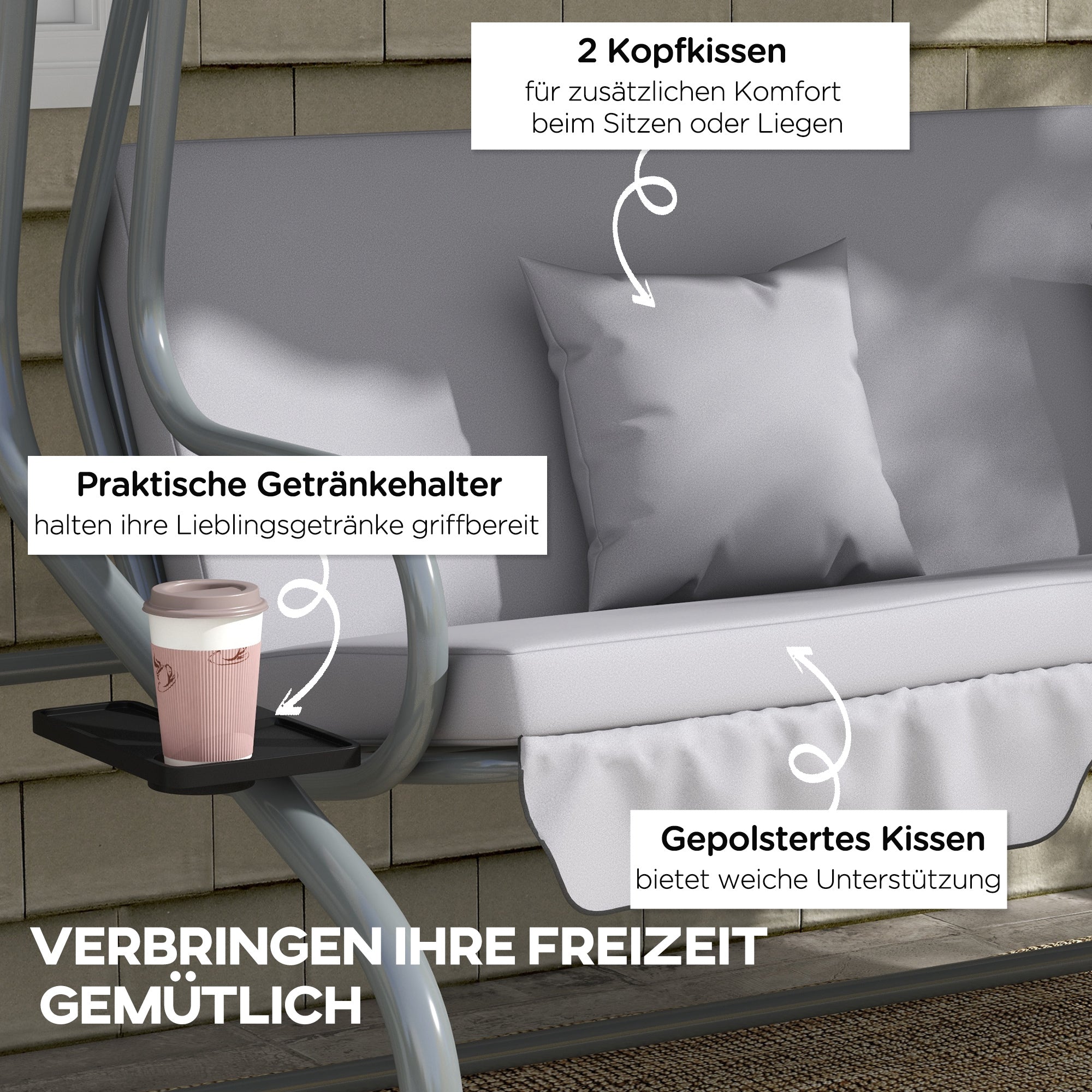 Hollywood Swing with Reclining Function, 3-Seater Garden Swing with Adjustable Canopy, Side Table, Water-Resistant Swing Bench supports up to 340kg, for Garden, 200x120x164cm, Light Gray