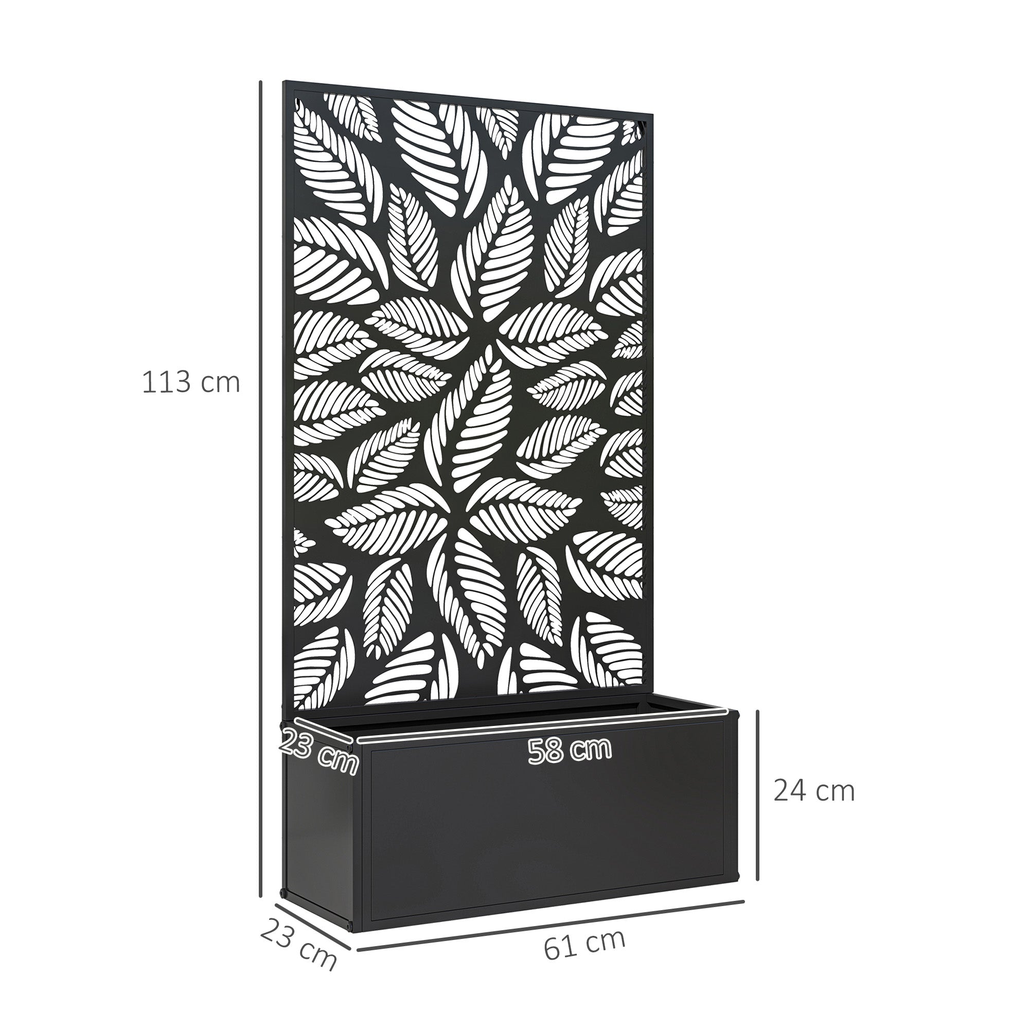 Jardinière with Grid, Privacy Screen Paravent, Outdoor Planter Box Metal on Stand or Wall Mounted, Cutout Leaf Motifs, Rectangular Flower Box Balcony Terrace Patio, 61x23x113 cm, black