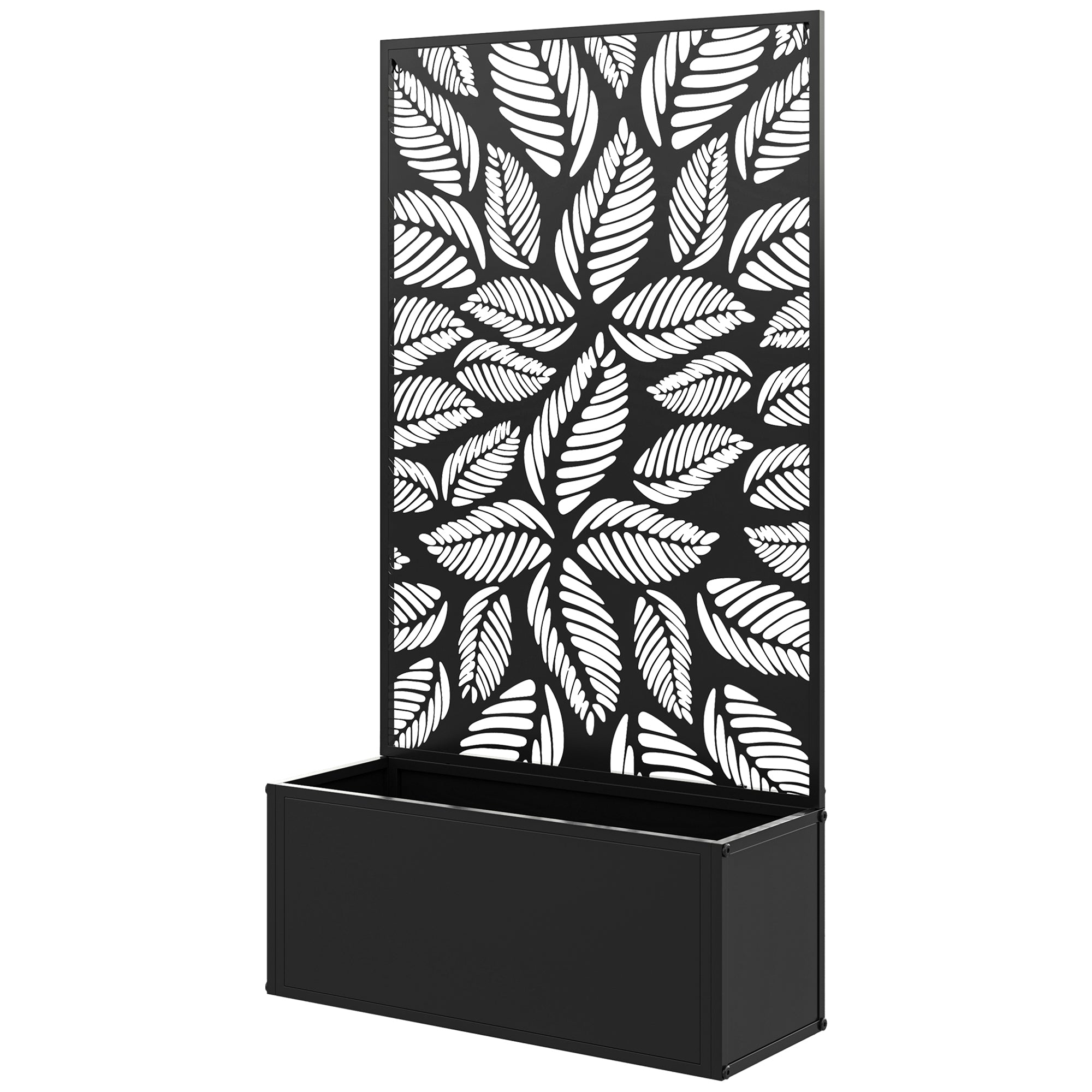 Jardinière with Grid, Privacy Screen Paravent, Outdoor Planter Box Metal on Stand or Wall Mounted, Cutout Leaf Motifs, Rectangular Flower Box Balcony Terrace Patio, 61x23x113 cm, black