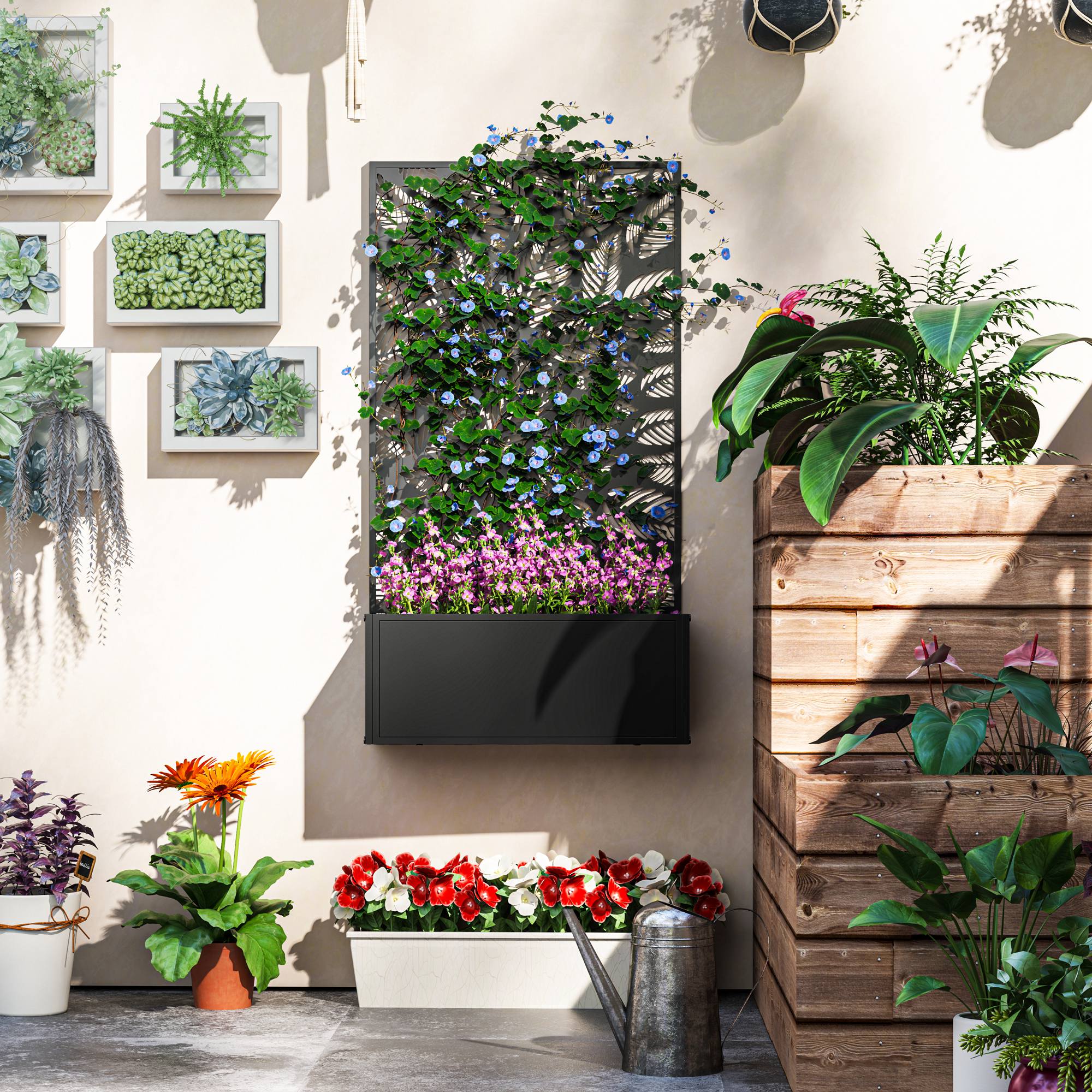 Jardinière with Grid, Privacy Screen Paravent, Outdoor Planter Box Metal on Stand or Wall Mounted, Cutout Leaf Motifs, Rectangular Flower Box Balcony Terrace Patio, 61x23x113 cm, black