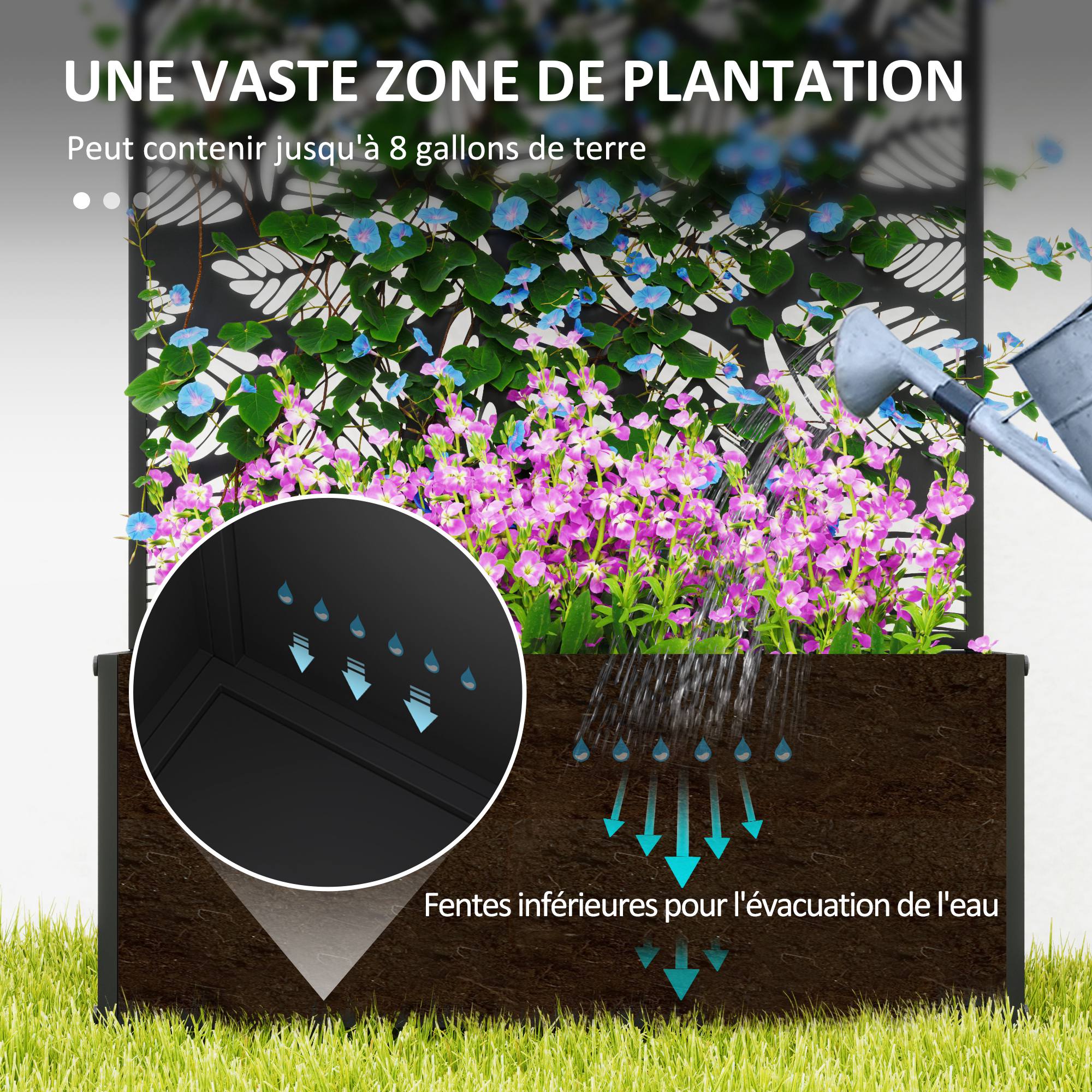 Jardinière with Grid, Privacy Screen Paravent, Outdoor Planter Box Metal on Stand or Wall Mounted, Cutout Leaf Motifs, Rectangular Flower Box Balcony Terrace Patio, 61x23x113 cm, black