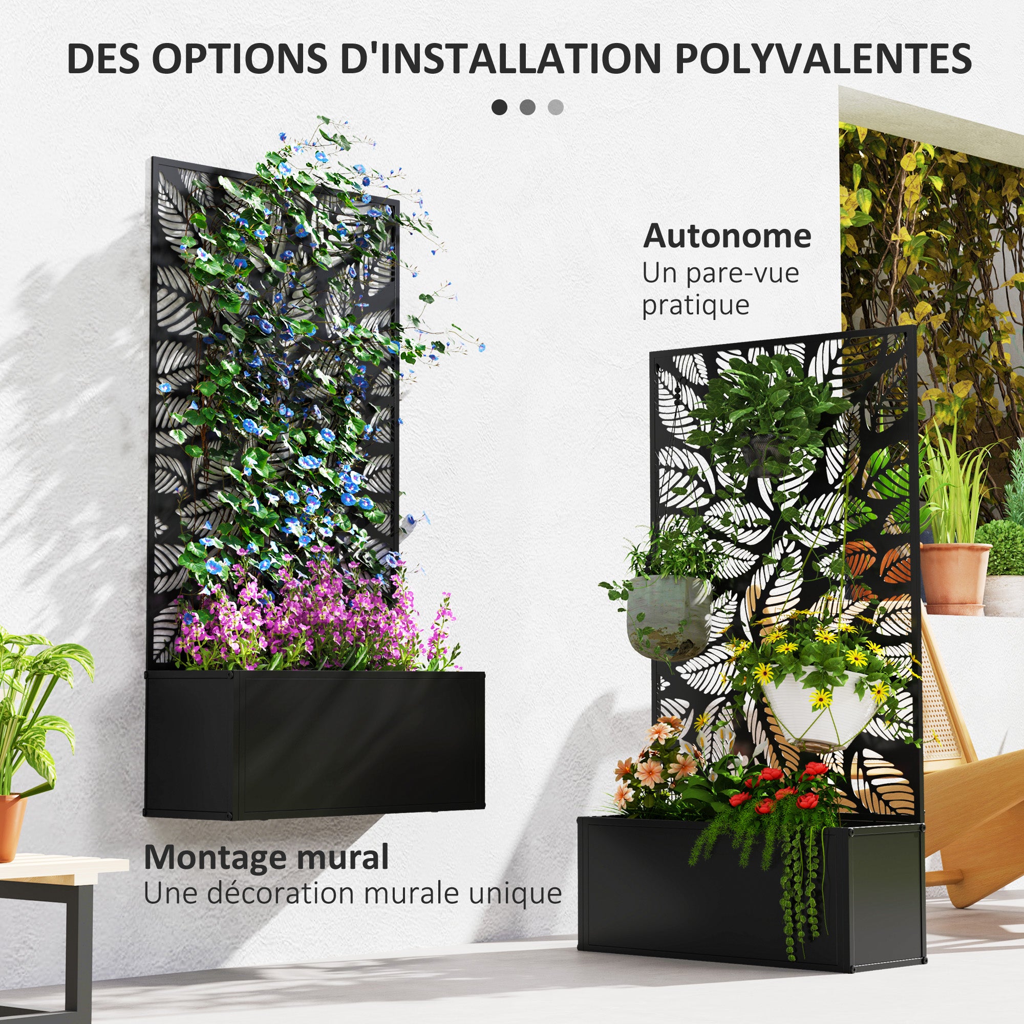 Jardinière with Grid, Privacy Screen Paravent, Outdoor Planter Box Metal on Stand or Wall Mounted, Cutout Leaf Motifs, Rectangular Flower Box Balcony Terrace Patio, 61x23x113 cm, black
