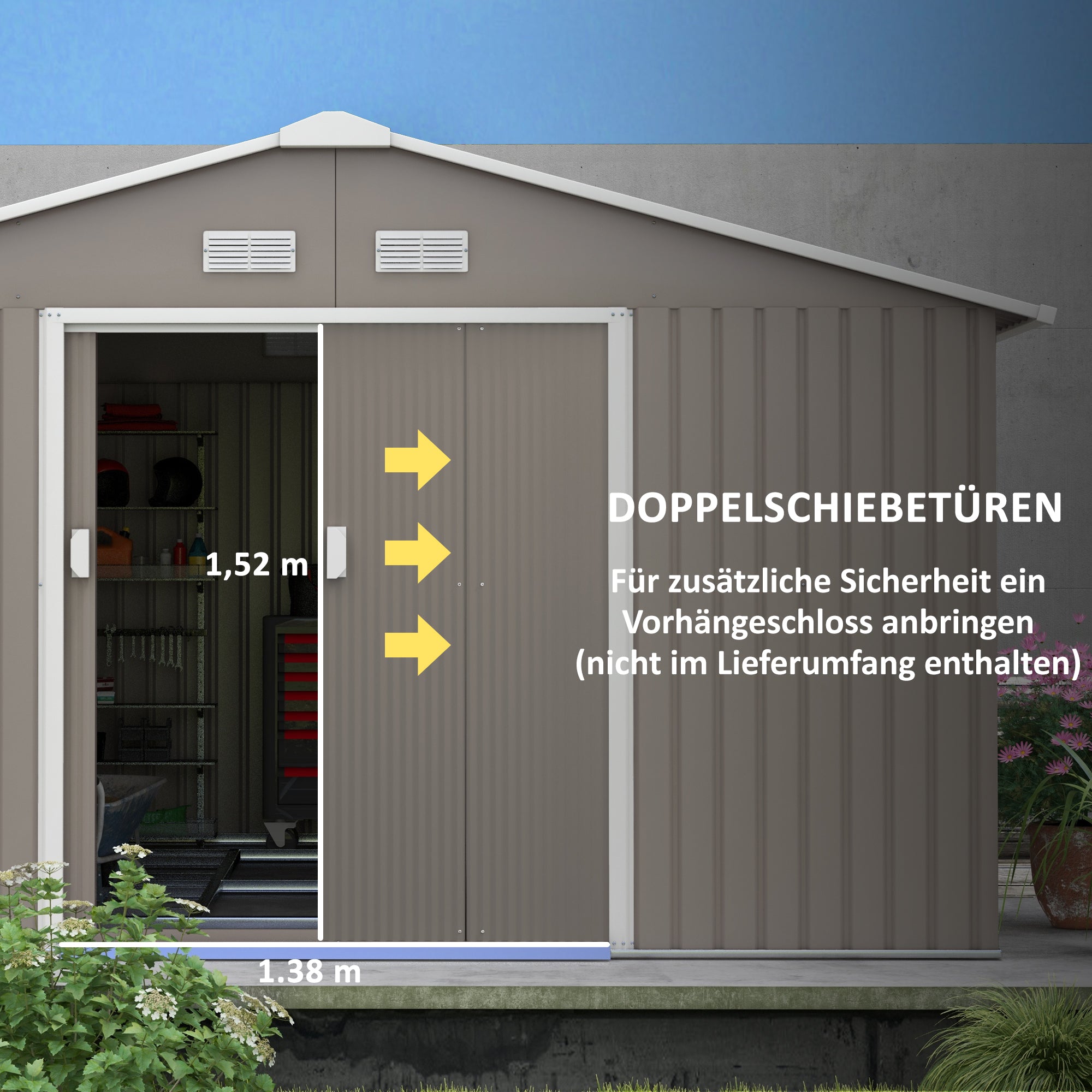 Tool Shed 12.4 sqm, Garden House with Pent Roof, Sliding Door, Foundation, 386 x 340 x 200 cm, Tool Shed made of Galvanized Steel, Weatherproof, for Garden, Light Grey