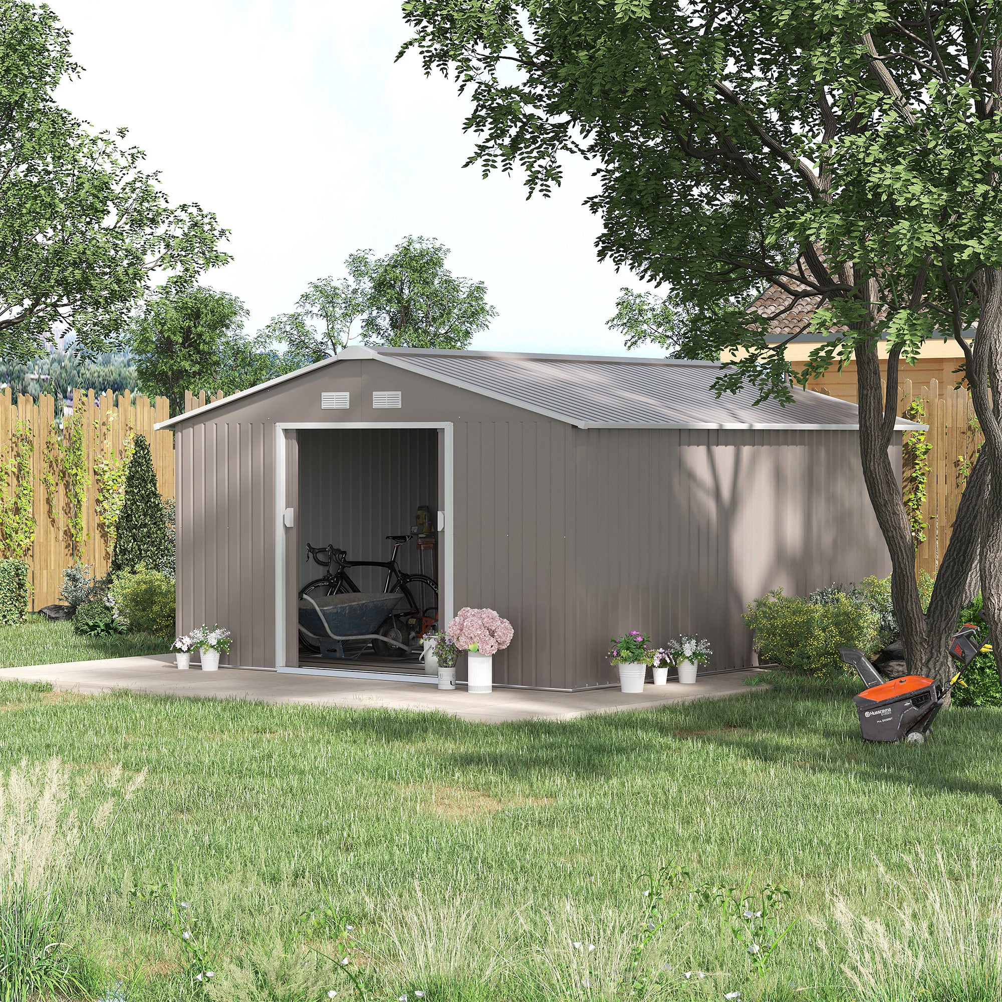 Tool Shed 12.4 sqm, Garden House with Pent Roof, Sliding Door, Foundation, 386 x 340 x 200 cm, Tool Shed made of Galvanized Steel, Weatherproof, for Garden, Light Grey