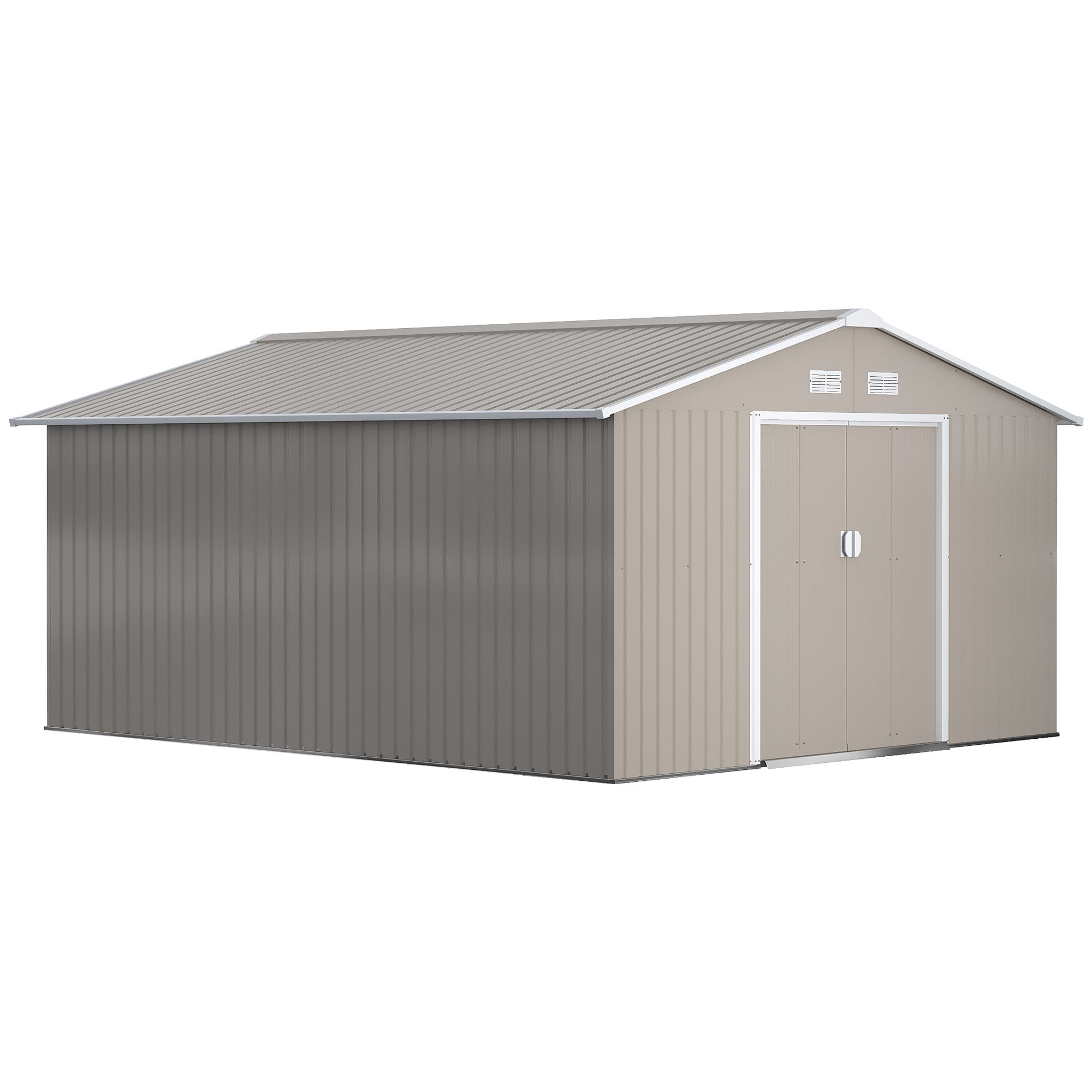 Tool Shed 12.4 sqm, Garden House with Pent Roof, Sliding Door, Foundation, 386 x 340 x 200 cm, Tool Shed made of Galvanized Steel, Weatherproof, for Garden, Light Grey