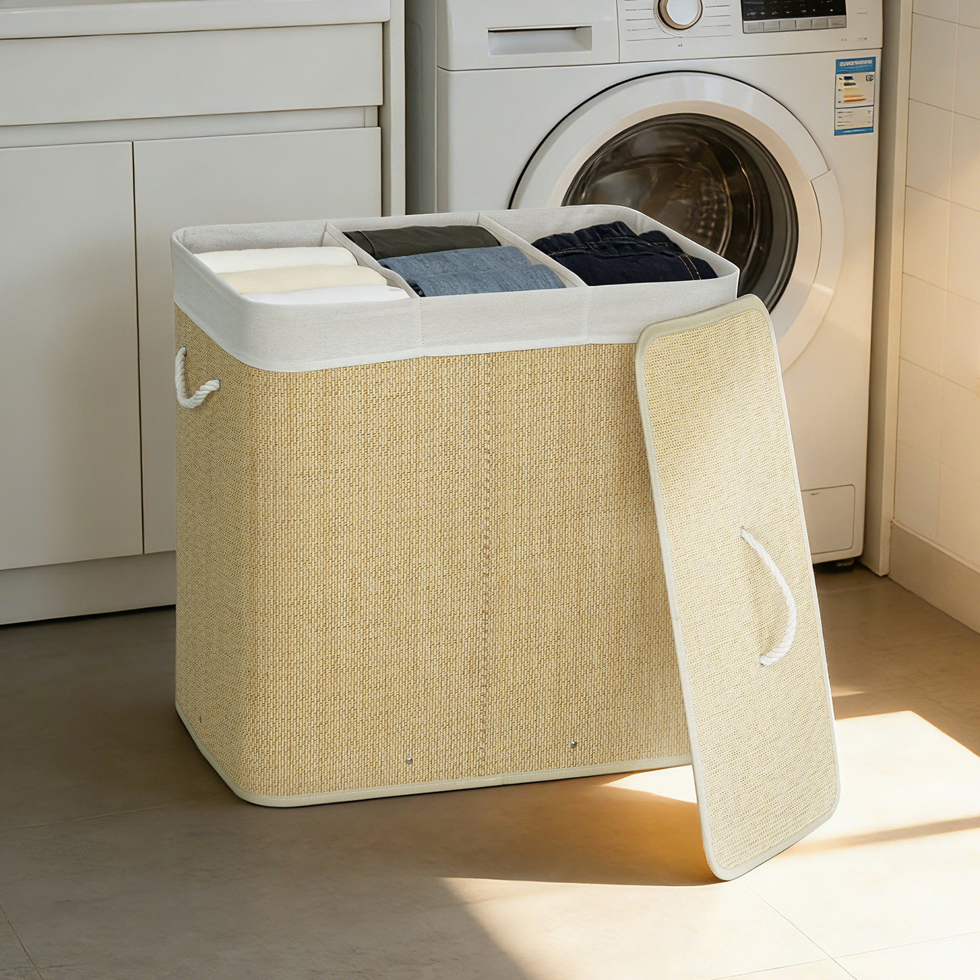 Bamboo Laundry Hamper with Lid, 144 L (≈38.1 US gal), 3-Compartment Laundry Basket, Removable Washable Liner, Handles, 23.6×15.7×23.6 in, Cream