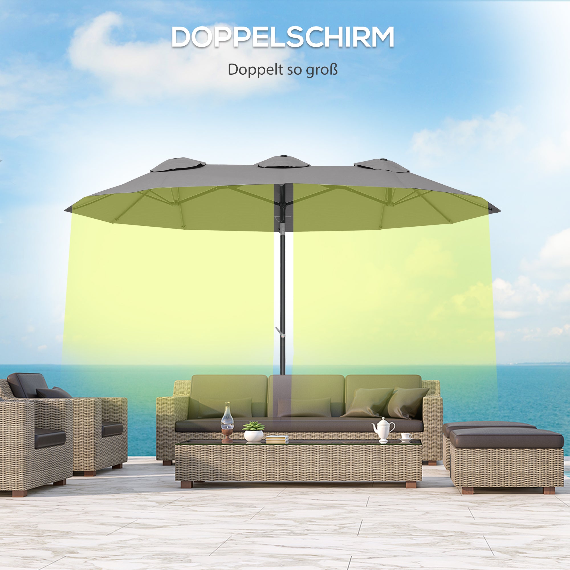 Double Umbrella, 285x147cm Garden Umbrella with Hand Crank, Metal Pole, Oval Market Umbrella with Wind Vent, Windproof Double Umbrella with Adjustable Tilt, for Patio, Pool Gray