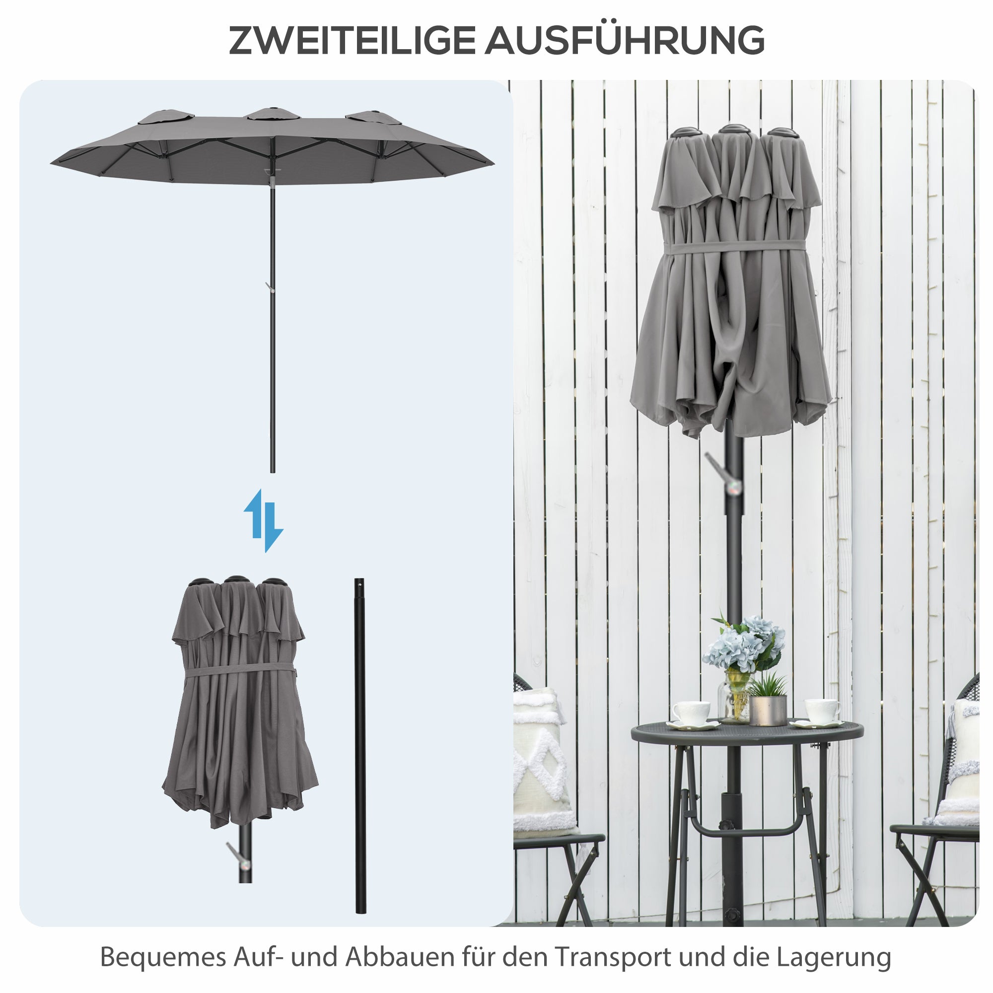 Double Umbrella, 285x147cm Garden Umbrella with Hand Crank, Metal Pole, Oval Market Umbrella with Wind Vent, Windproof Double Umbrella with Adjustable Tilt, for Patio, Pool Gray
