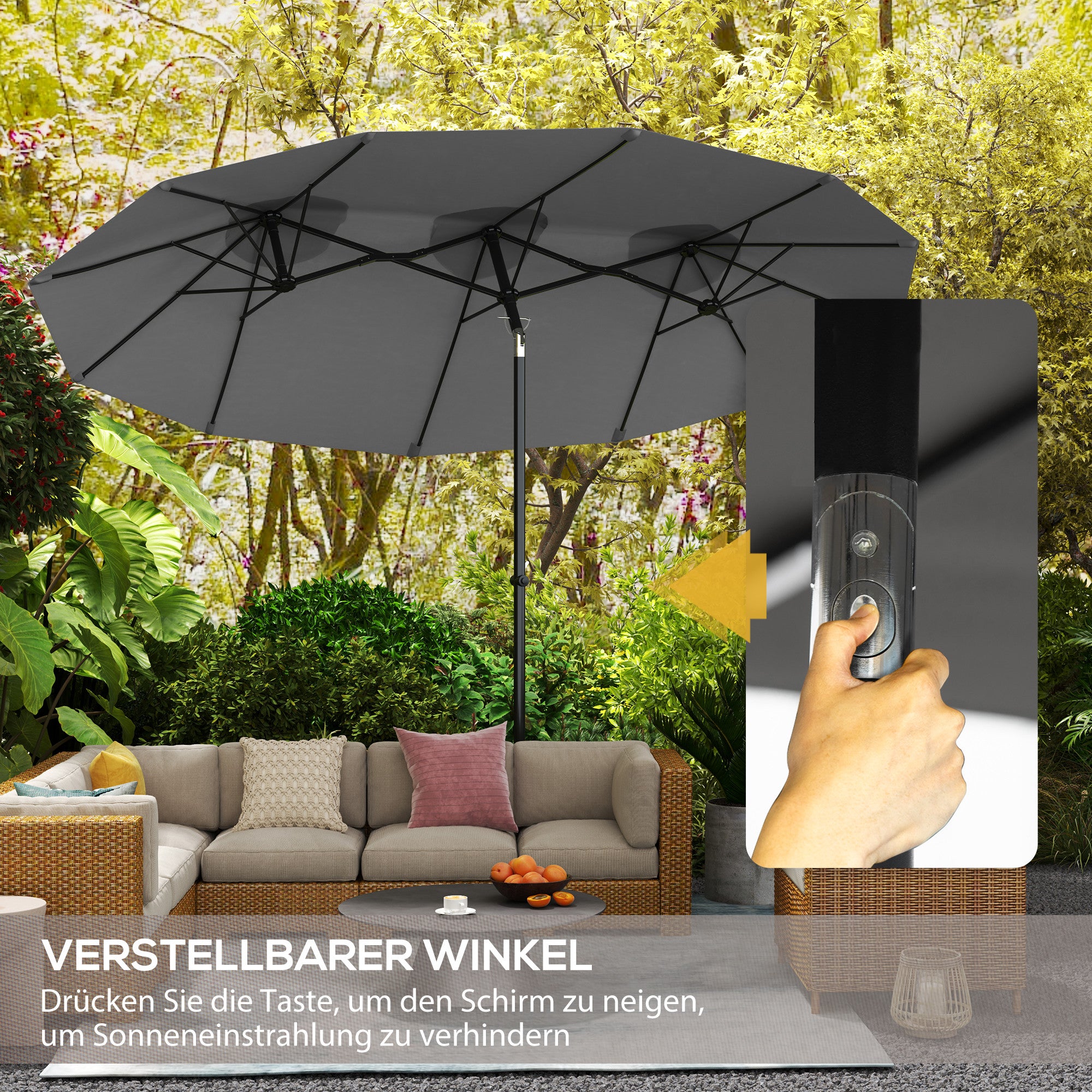 Double Umbrella, 285x147cm Garden Umbrella with Hand Crank, Metal Pole, Oval Market Umbrella with Wind Vent, Windproof Double Umbrella with Adjustable Tilt, for Patio, Pool Gray