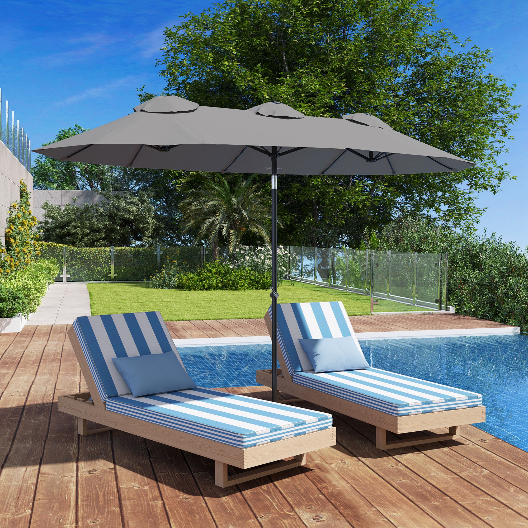 Double Umbrella, 285x147cm Garden Umbrella with Hand Crank, Metal Pole, Oval Market Umbrella with Wind Vent, Windproof Double Umbrella with Adjustable Tilt, for Patio, Pool Gray