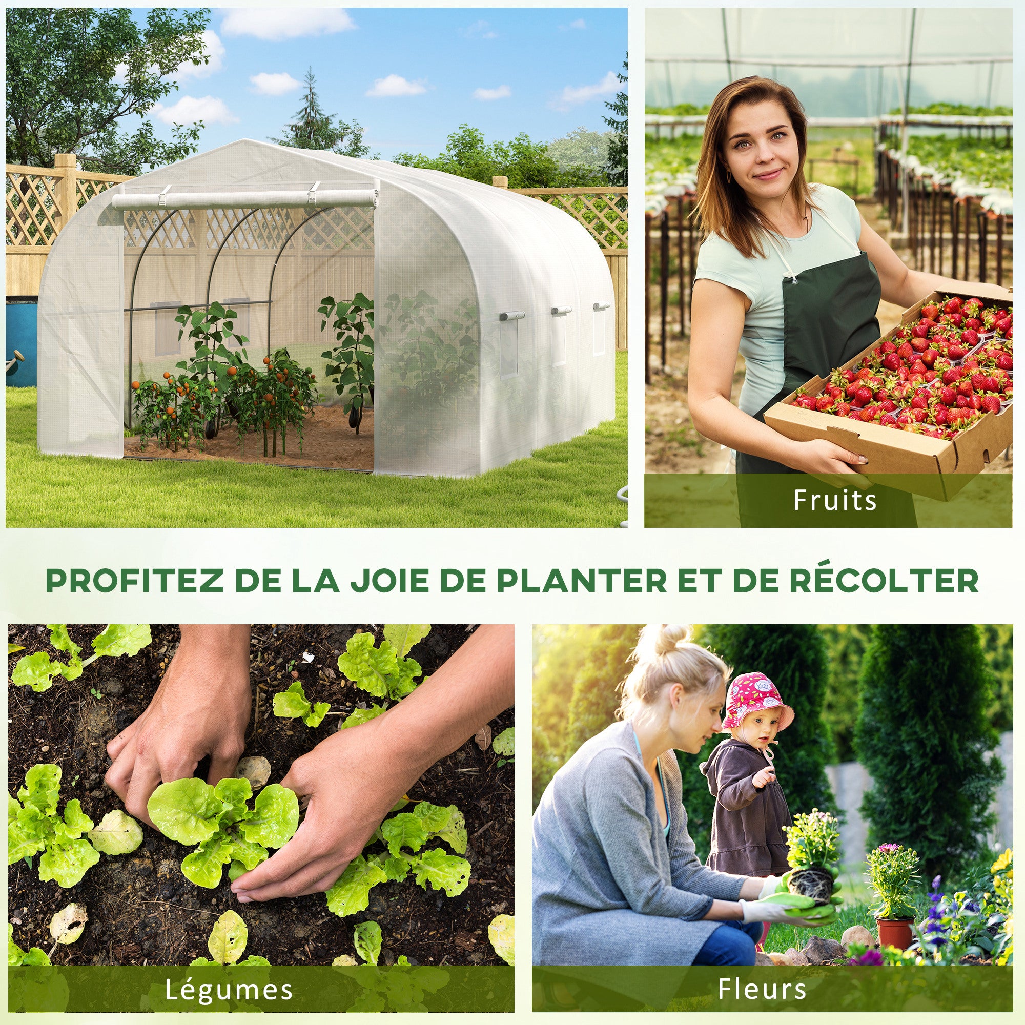 Garden Tunnel Greenhouse dim. 3.5L x 3W x 2H m Door + 6 roll-up windows Galvanized Steel High-Density PE Cover White