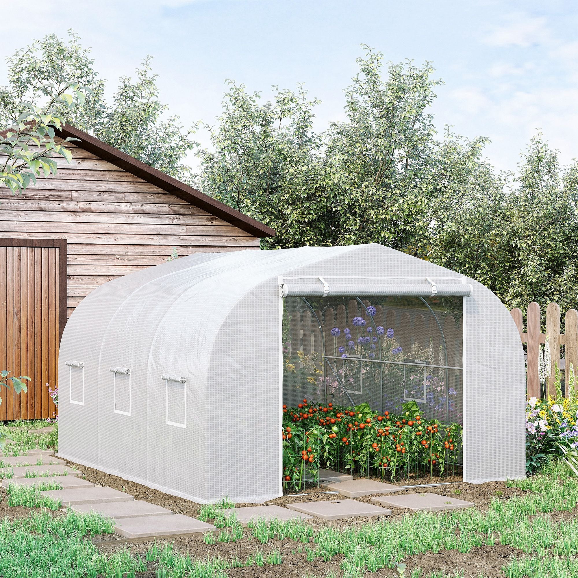 Garden Tunnel Greenhouse dim. 3.5L x 3W x 2H m Door + 6 roll-up windows Galvanized Steel High-Density PE Cover White