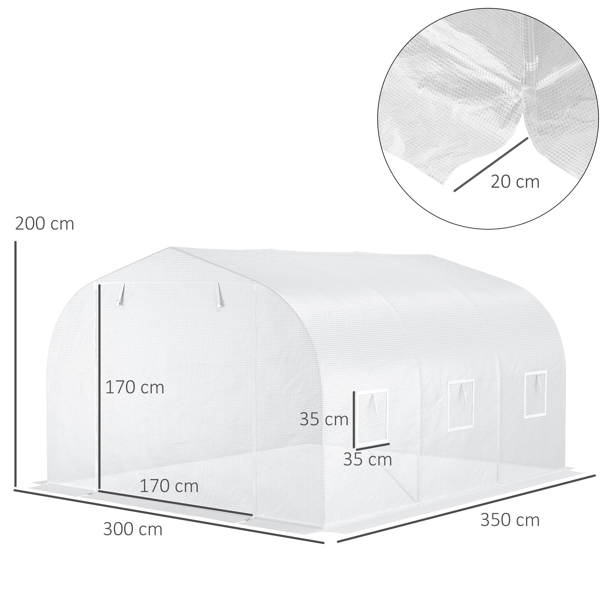 Garden Tunnel Greenhouse dim. 3.5L x 3W x 2H m Door + 6 roll-up windows Galvanized Steel High-Density PE Cover White