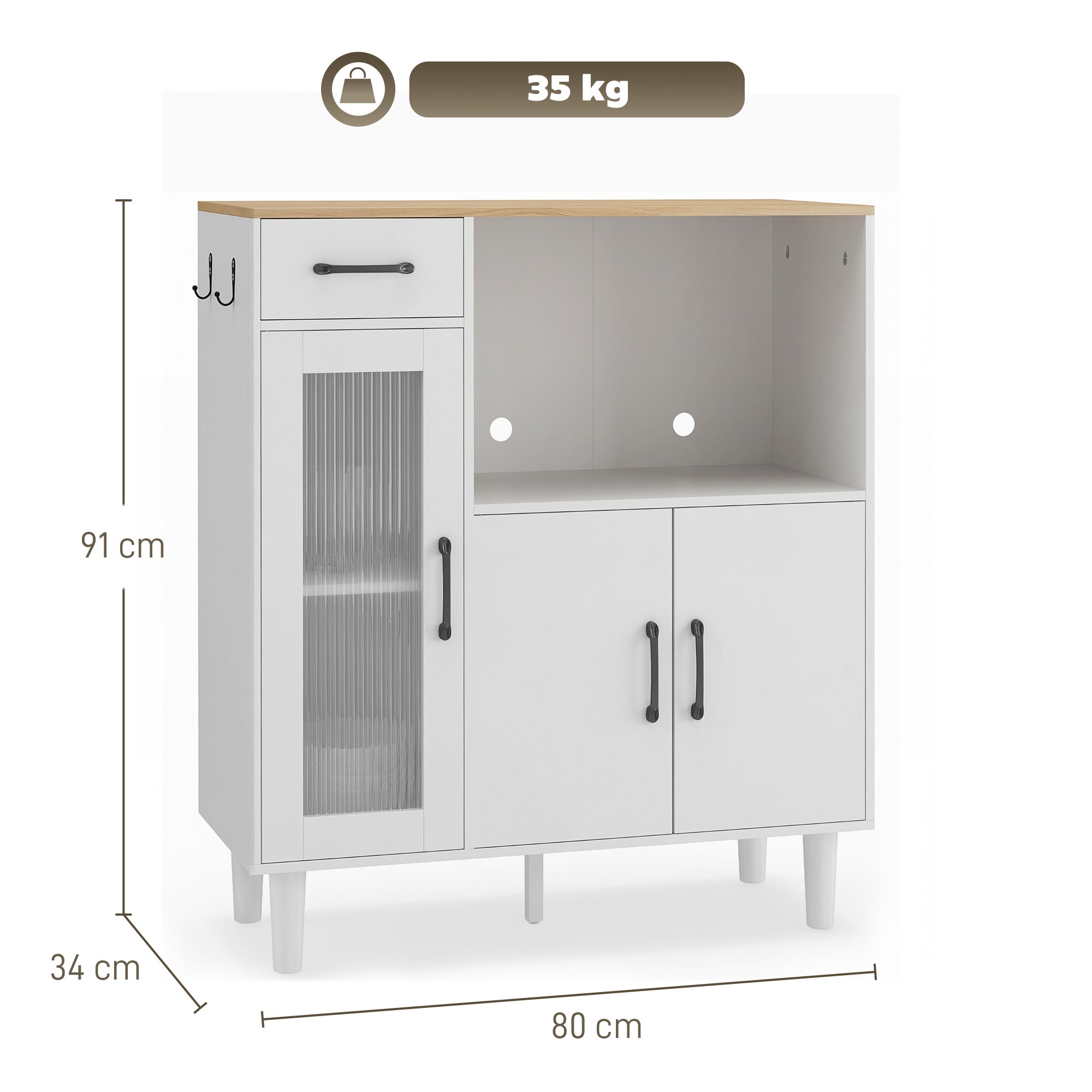Sideboard Cabinet with Drawer, 2 Doors & Open Shelf, Ribbed Acrylic Door – White & Oak, 31.5 x 13.4 x 35.8 in