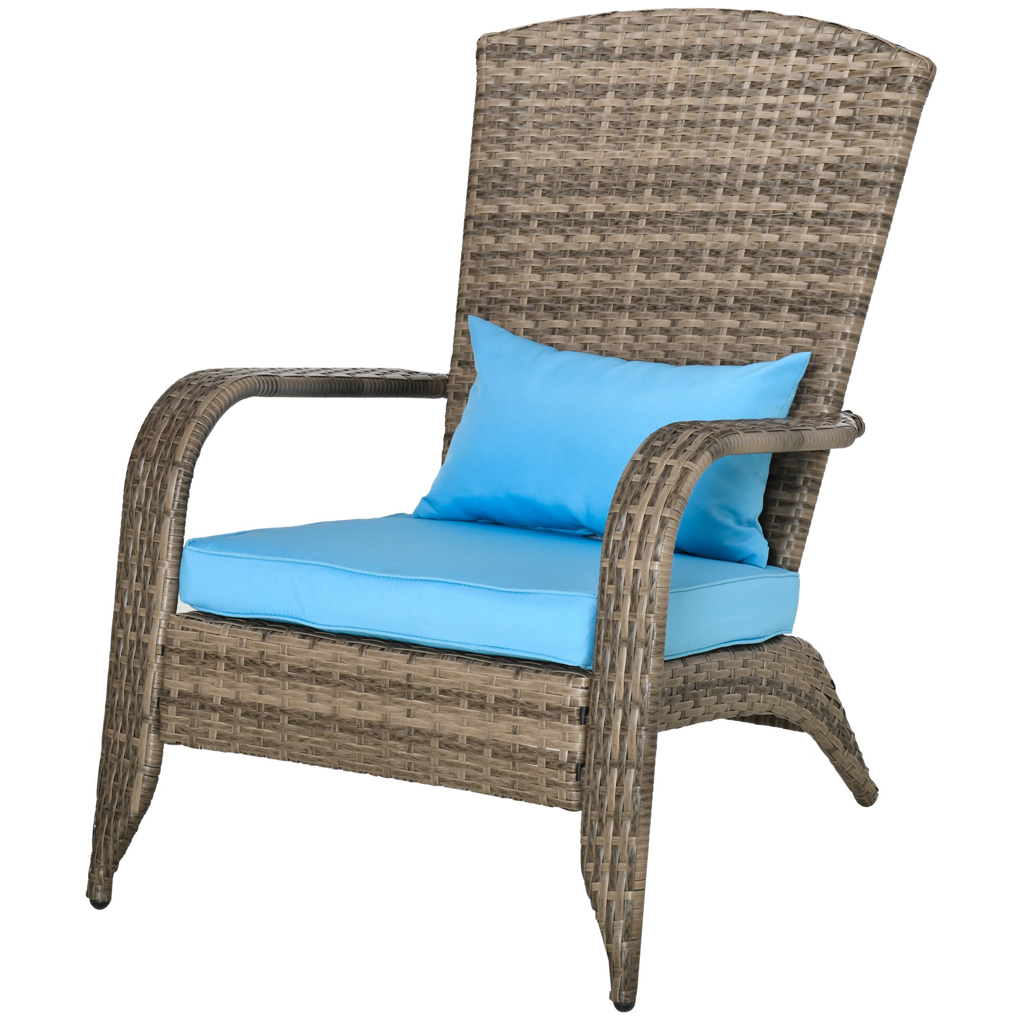 Garden Chair Adirondack with Armrests and Cushions, Rattan and Steel Chair for Indoor and Outdoor, 64x80x90 cm, Brown and Blue