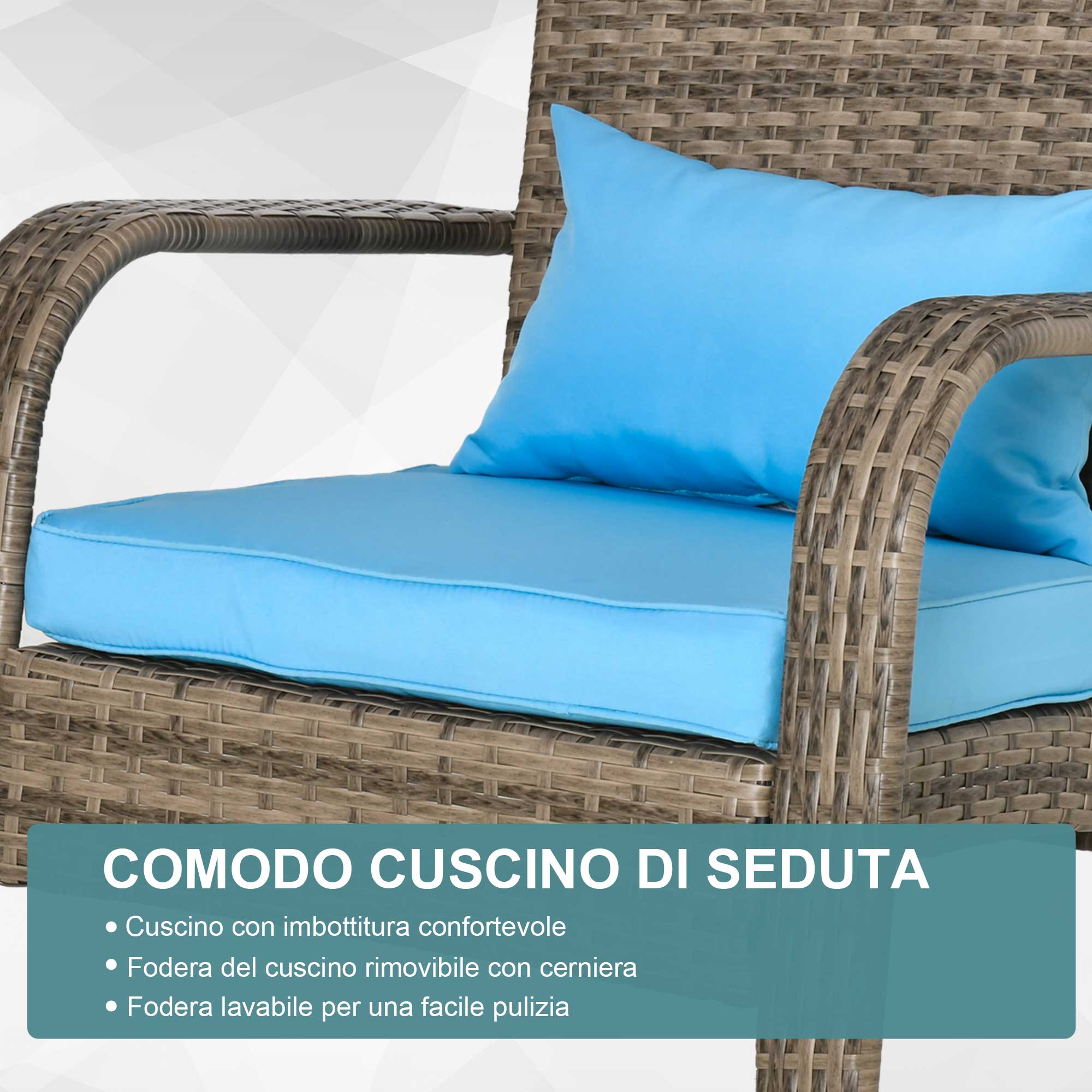 Garden Chair Adirondack with Armrests and Cushions, Rattan and Steel Chair for Indoor and Outdoor, 64x80x90 cm, Brown and Blue