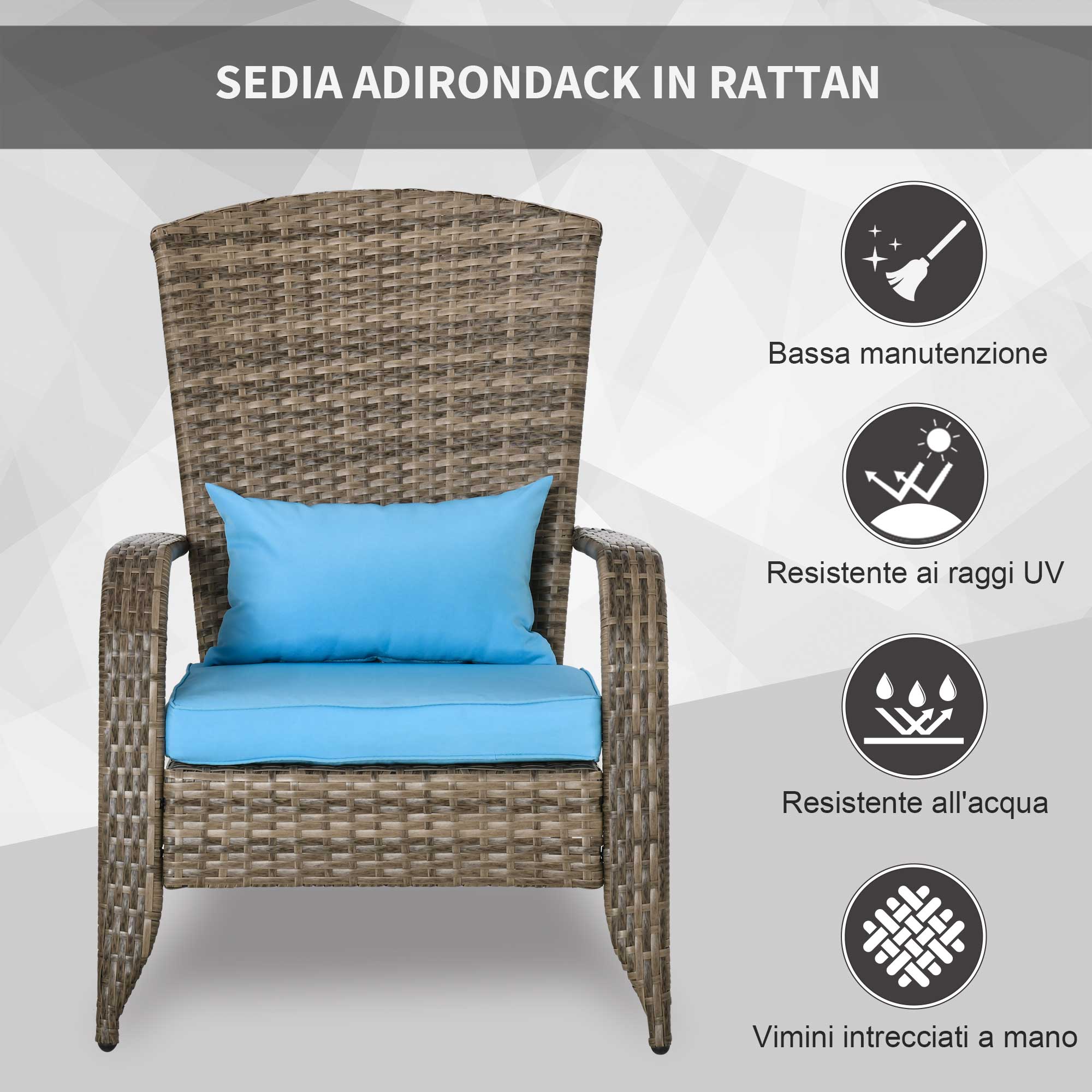 Garden Chair Adirondack with Armrests and Cushions, Rattan and Steel Chair for Indoor and Outdoor, 64x80x90 cm, Brown and Blue