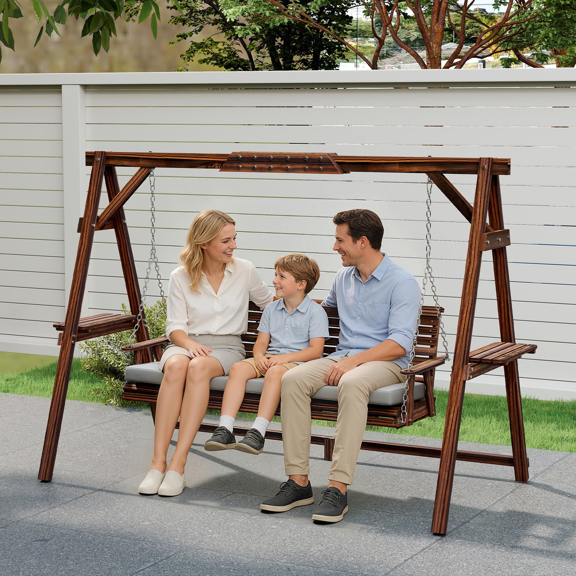 3-Seater Wooden Hollywood Swing with Cushioned Seat & Side Trays — Charred Finish, 728 lb Capacity