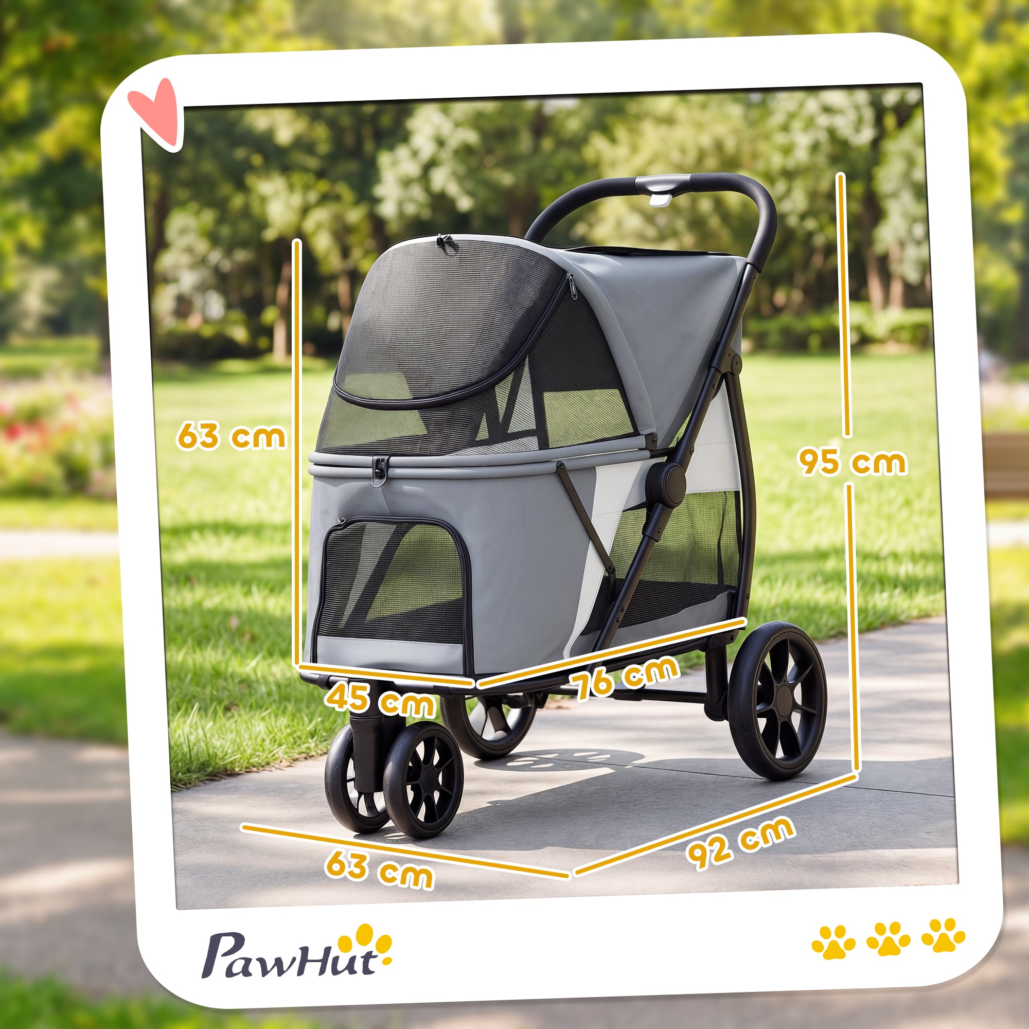 Foldable Dog Stroller / Pet Buggy for Dogs & Cats — Up to 44 lb (20 kg), Washable Cushion, Mesh Windows, 3 Wheels, Door, Rear Pocket, Gray