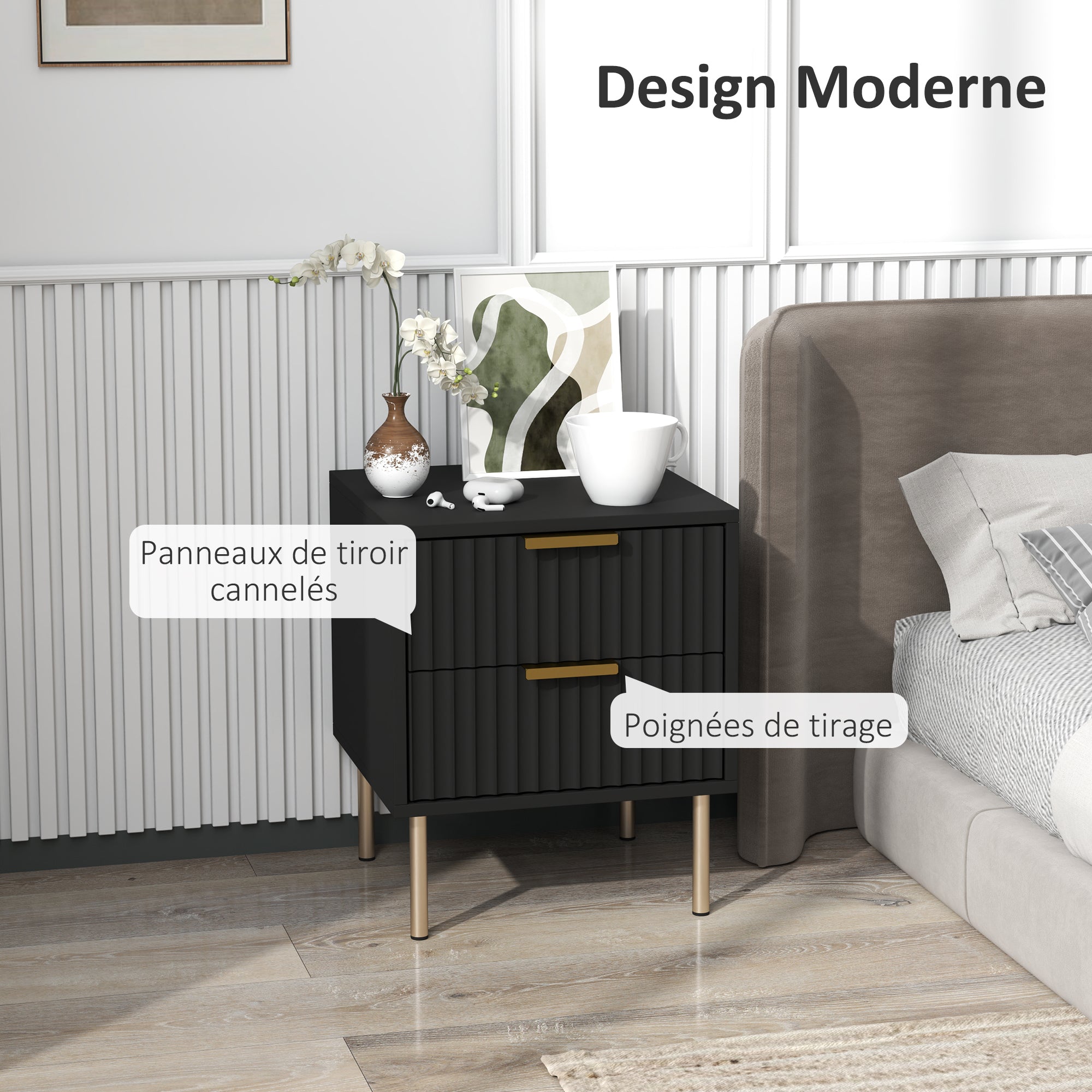 Bedside Table, Fluted Nightstand with 2 Drawers and Steel Legs, Side Table for Bedroom, Living Room, Size 40 x 39 x 48 cm, Black