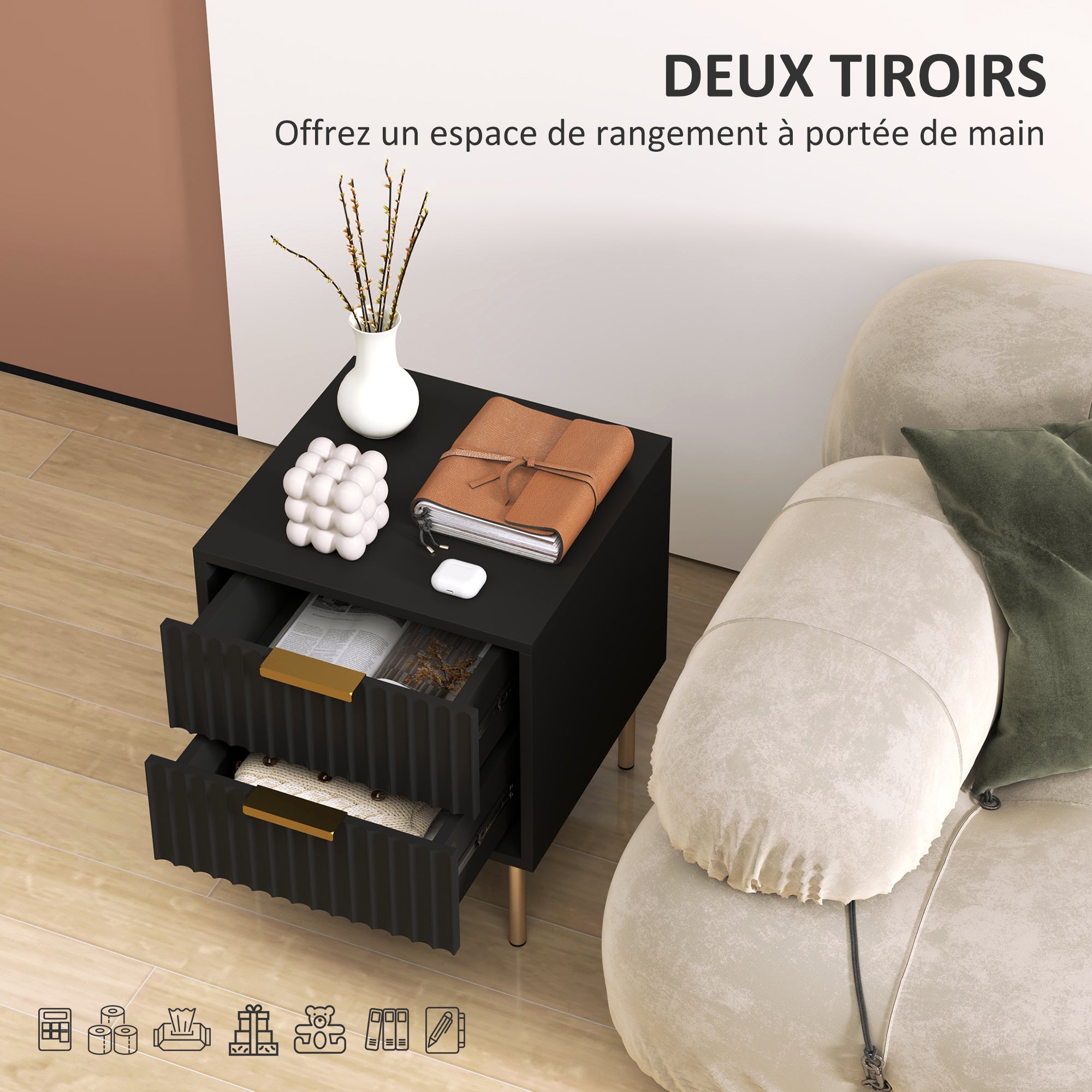 Bedside Table, Fluted Nightstand with 2 Drawers and Steel Legs, Side Table for Bedroom, Living Room, Size 40 x 39 x 48 cm, Black