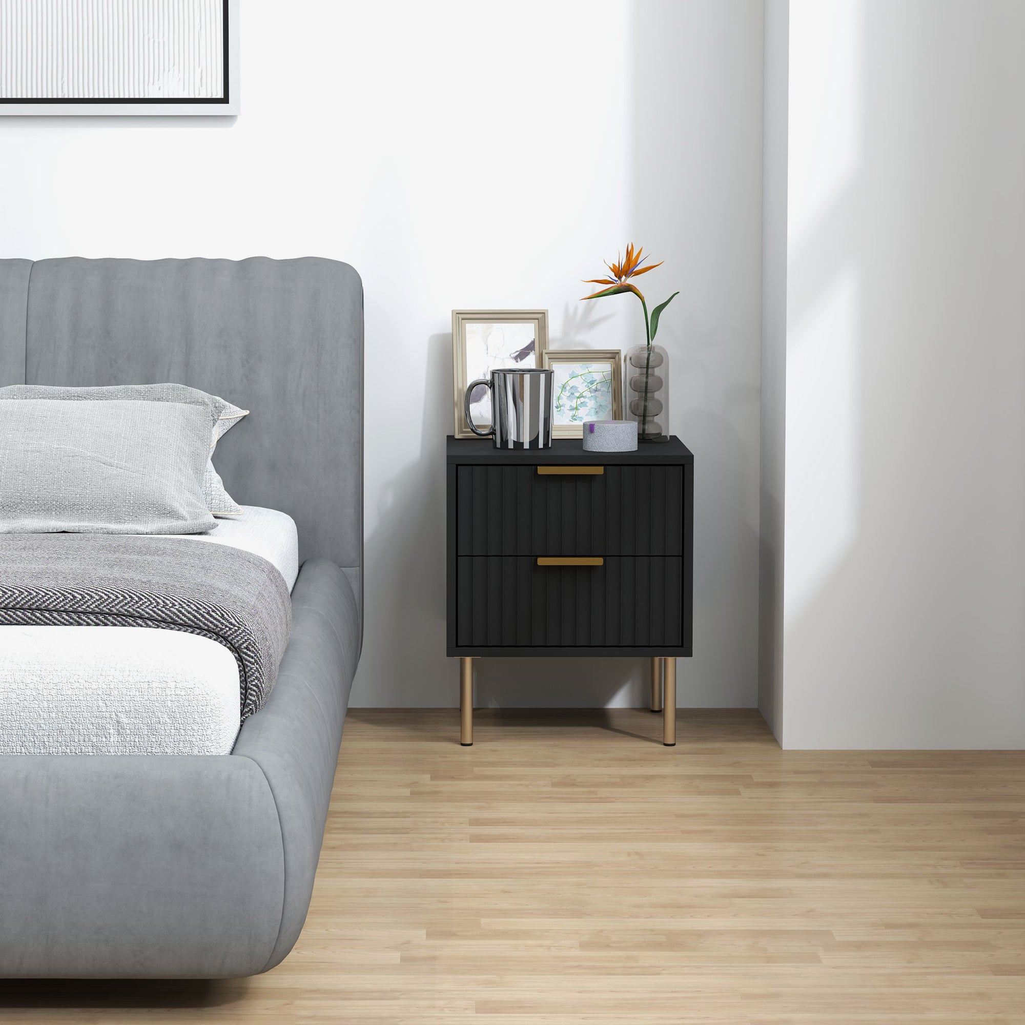 Bedside Table, Fluted Nightstand with 2 Drawers and Steel Legs, Side Table for Bedroom, Living Room, Size 40 x 39 x 48 cm, Black