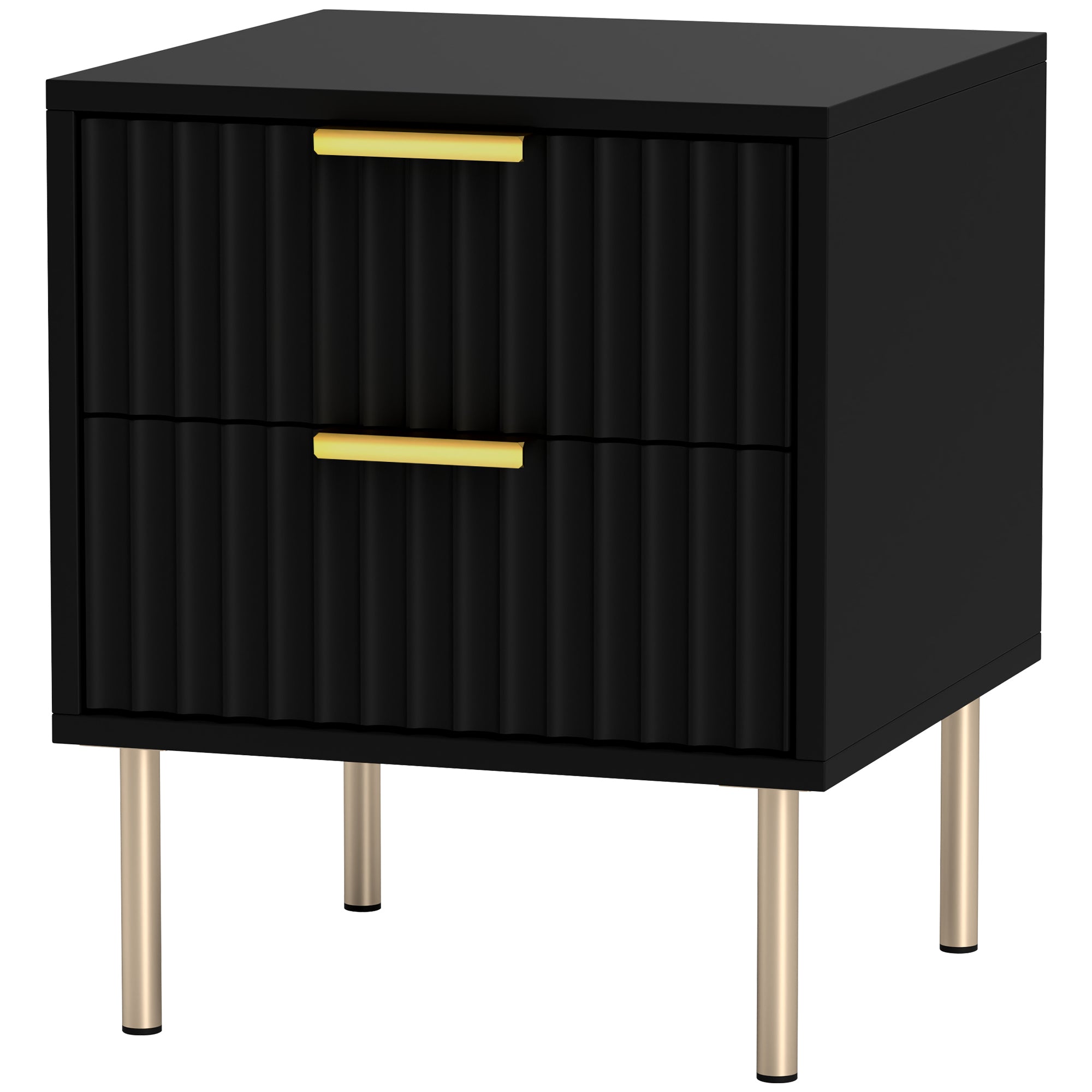 Bedside Table, Fluted Nightstand with 2 Drawers and Steel Legs, Side Table for Bedroom, Living Room, Size 40 x 39 x 48 cm, Black