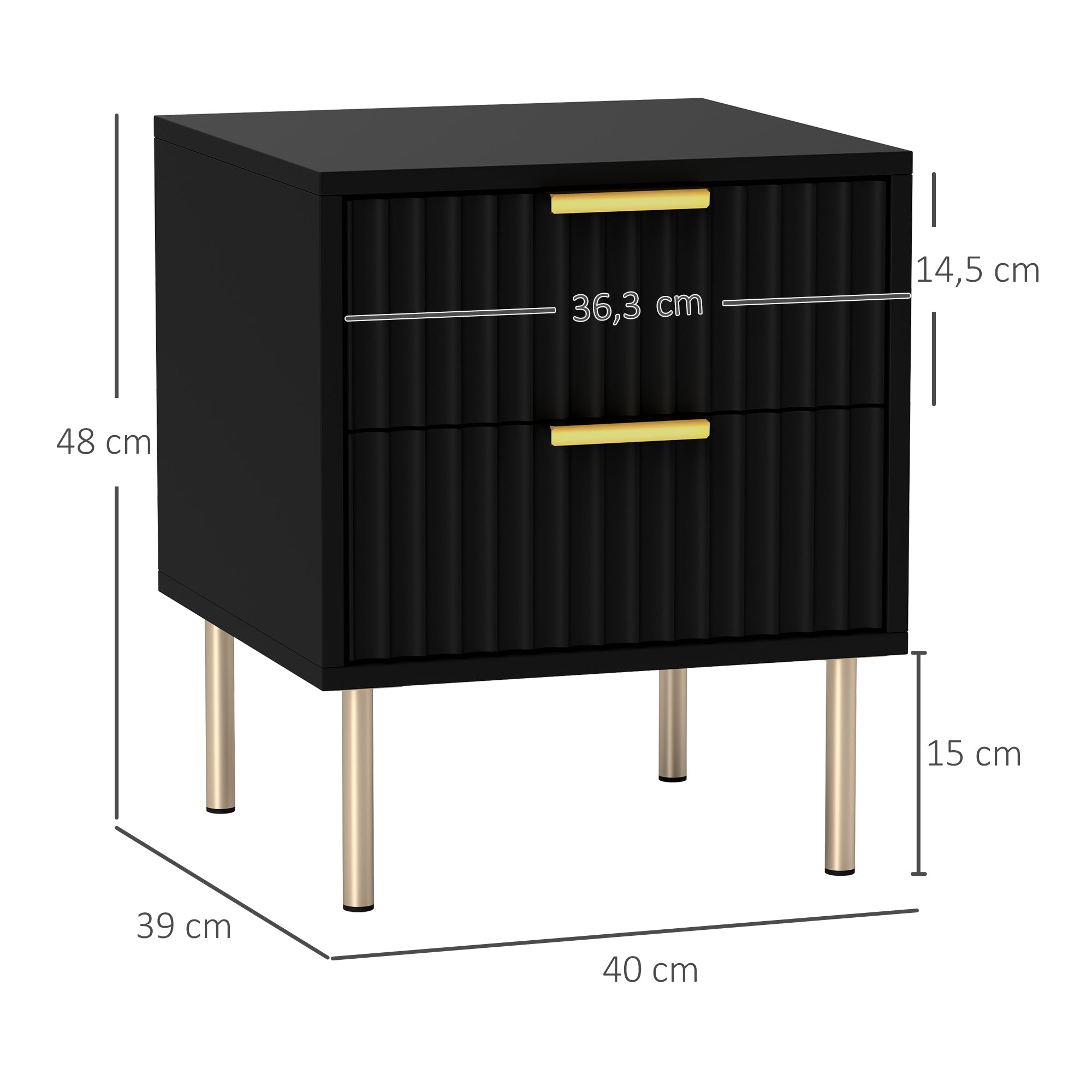 Bedside Table, Fluted Nightstand with 2 Drawers and Steel Legs, Side Table for Bedroom, Living Room, Size 40 x 39 x 48 cm, Black