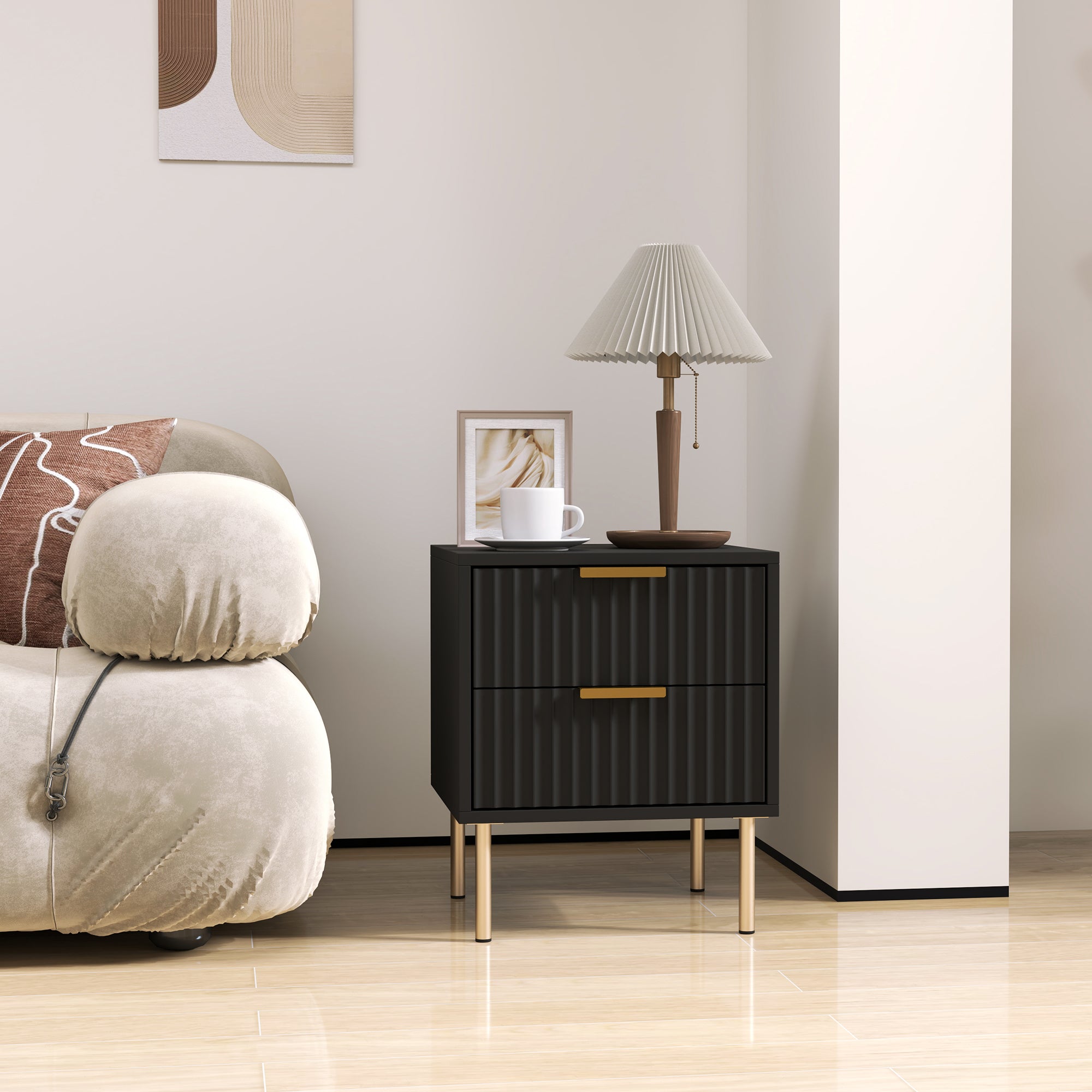 Bedside Table, Fluted Nightstand with 2 Drawers and Steel Legs, Side Table for Bedroom, Living Room, Size 40 x 39 x 48 cm, Black