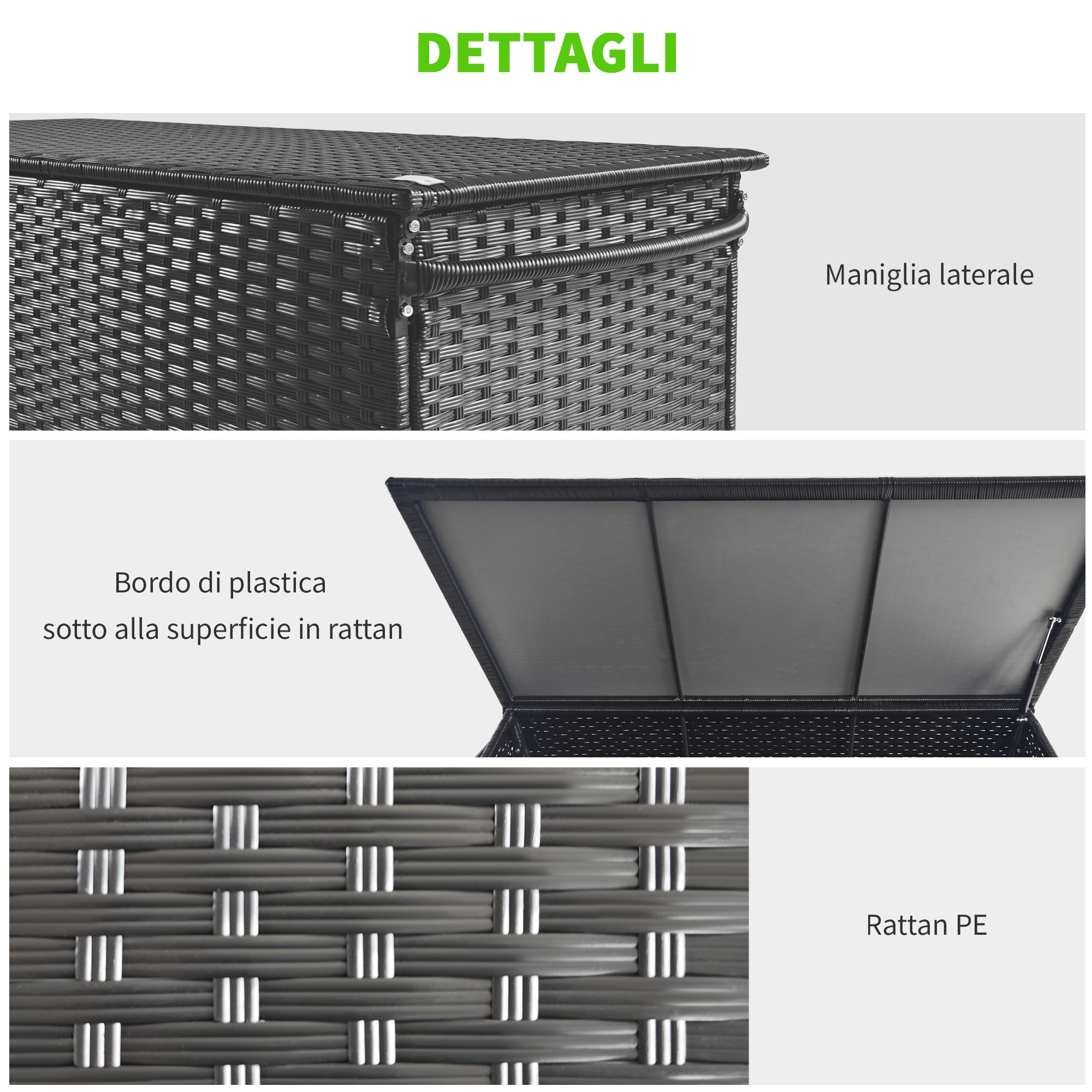 Garden Storage Box in PE Rattan, Outdoor Storage Bench with Wheels, Pneumatic Piston, and Side Handle, 121x57x67cm, Black