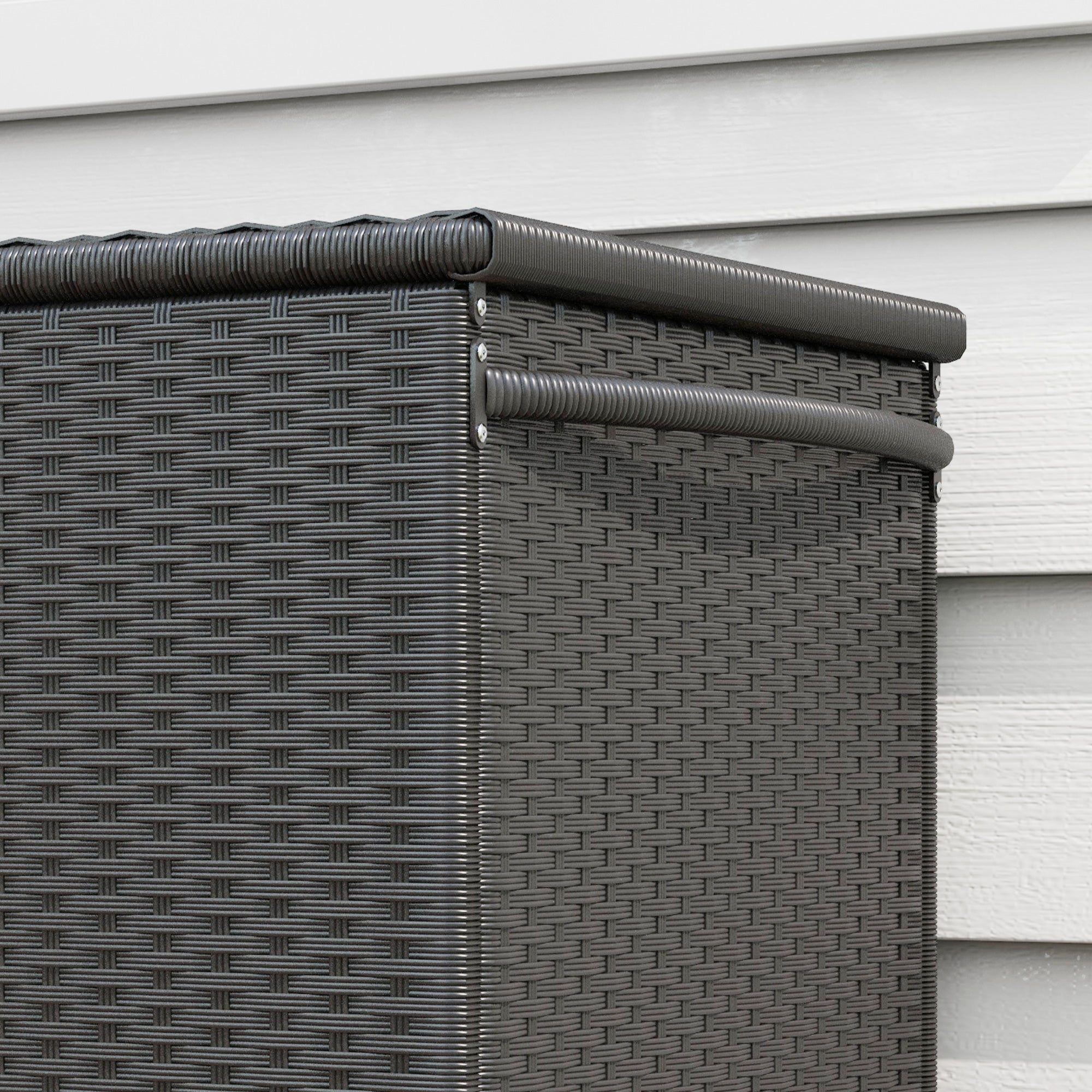 Garden Storage Box in PE Rattan, Outdoor Storage Bench with Wheels, Pneumatic Piston, and Side Handle, 121x57x67cm, Black