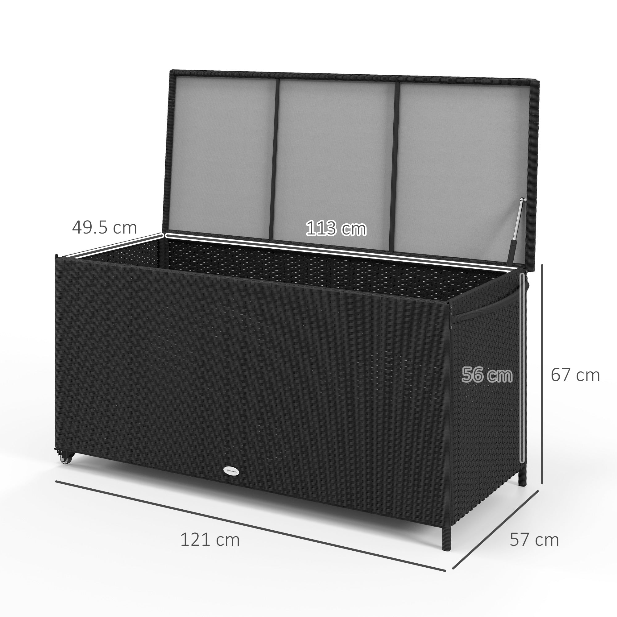 Garden Storage Box in PE Rattan, Outdoor Storage Bench with Wheels, Pneumatic Piston, and Side Handle, 121x57x67cm, Black