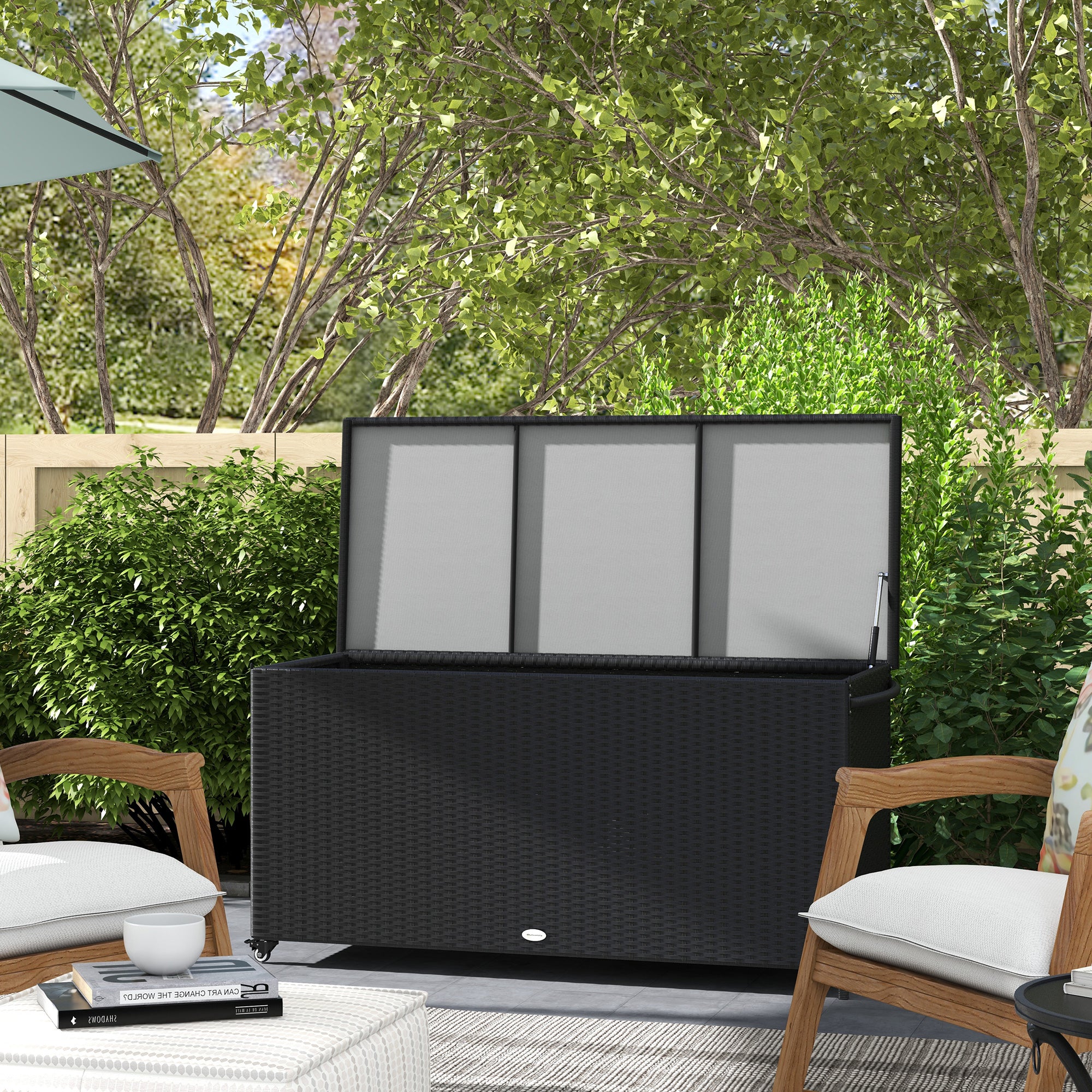 Garden Storage Box in PE Rattan, Outdoor Storage Bench with Wheels, Pneumatic Piston, and Side Handle, 121x57x67cm, Black