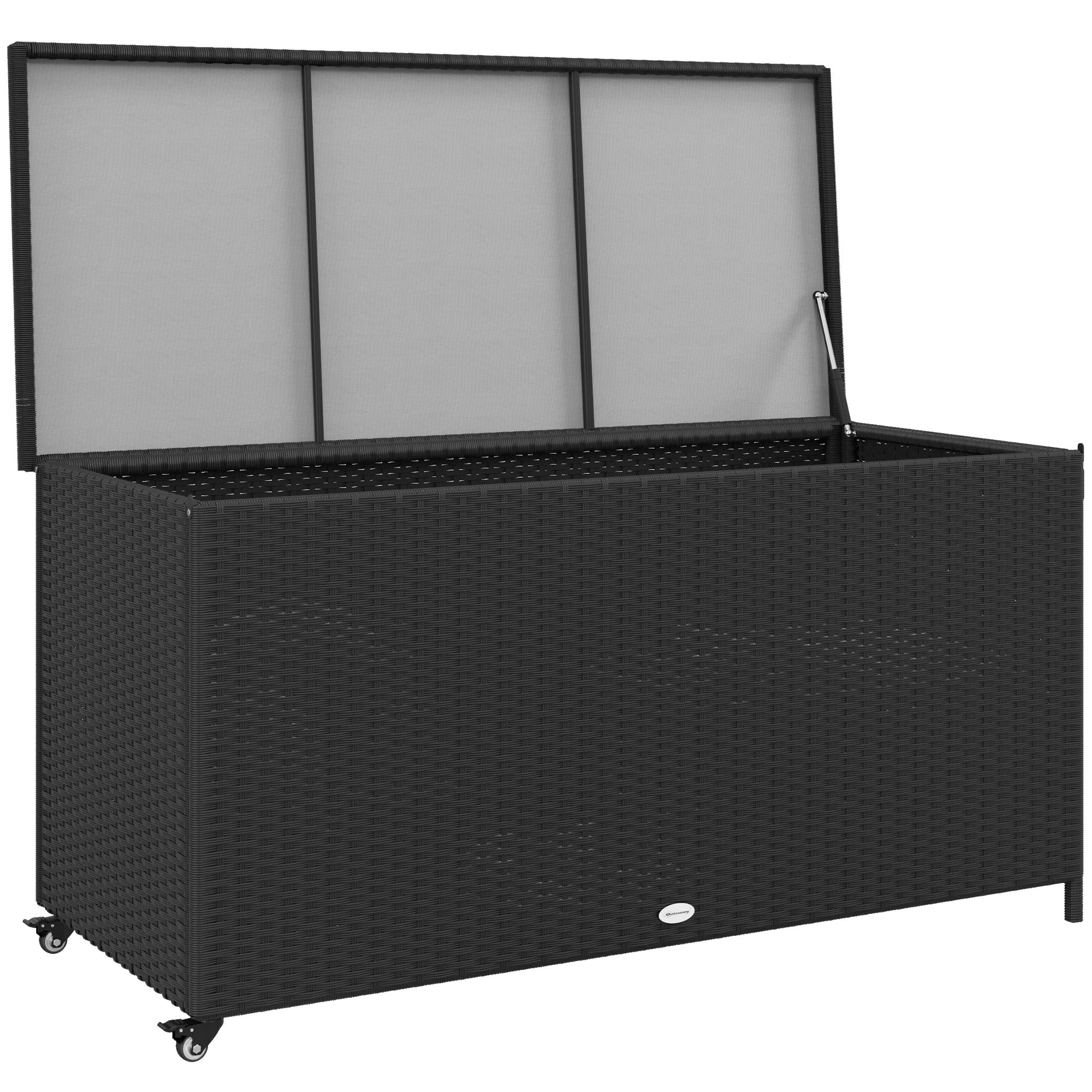 Garden Storage Box in PE Rattan, Outdoor Storage Bench with Wheels, Pneumatic Piston, and Side Handle, 121x57x67cm, Black