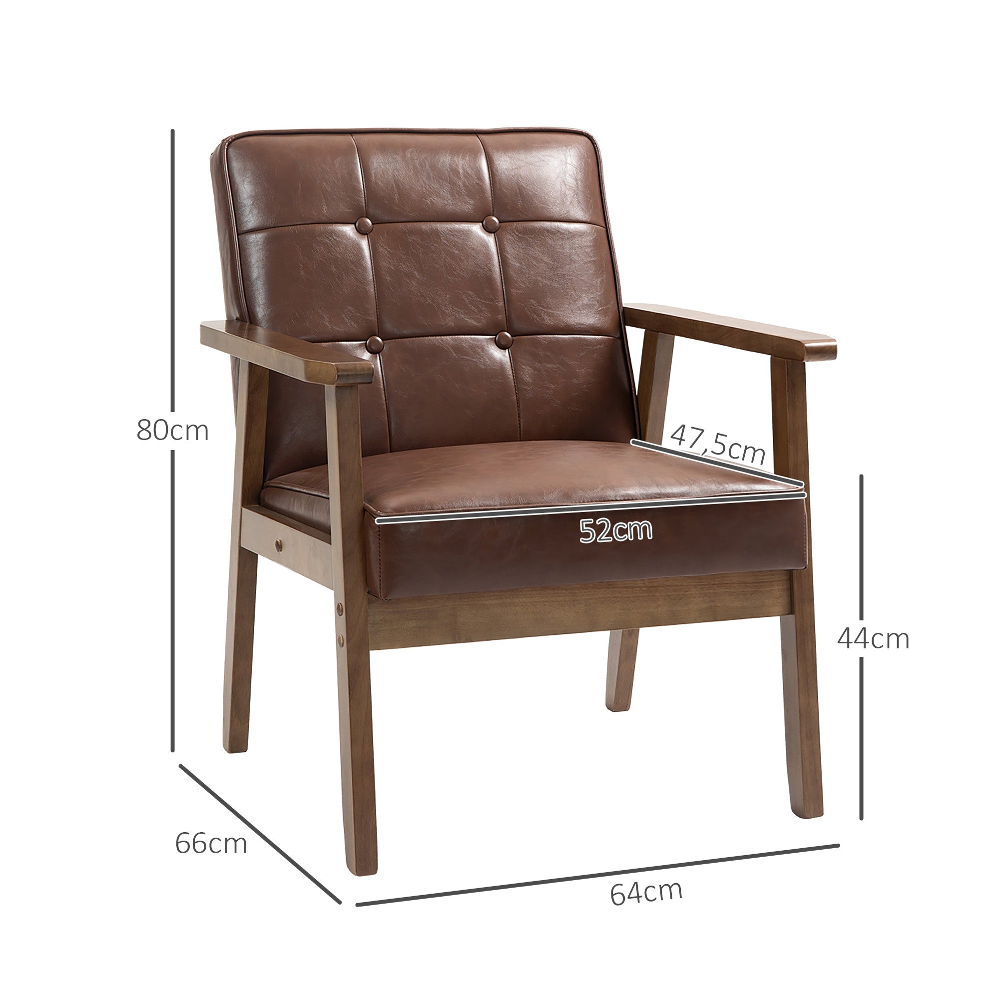 Single Armchair Single Sofa Upholstered in PU with Wooden Armrests Padded Back Load 120 kg Armchair for Living Room Bedroom Brown